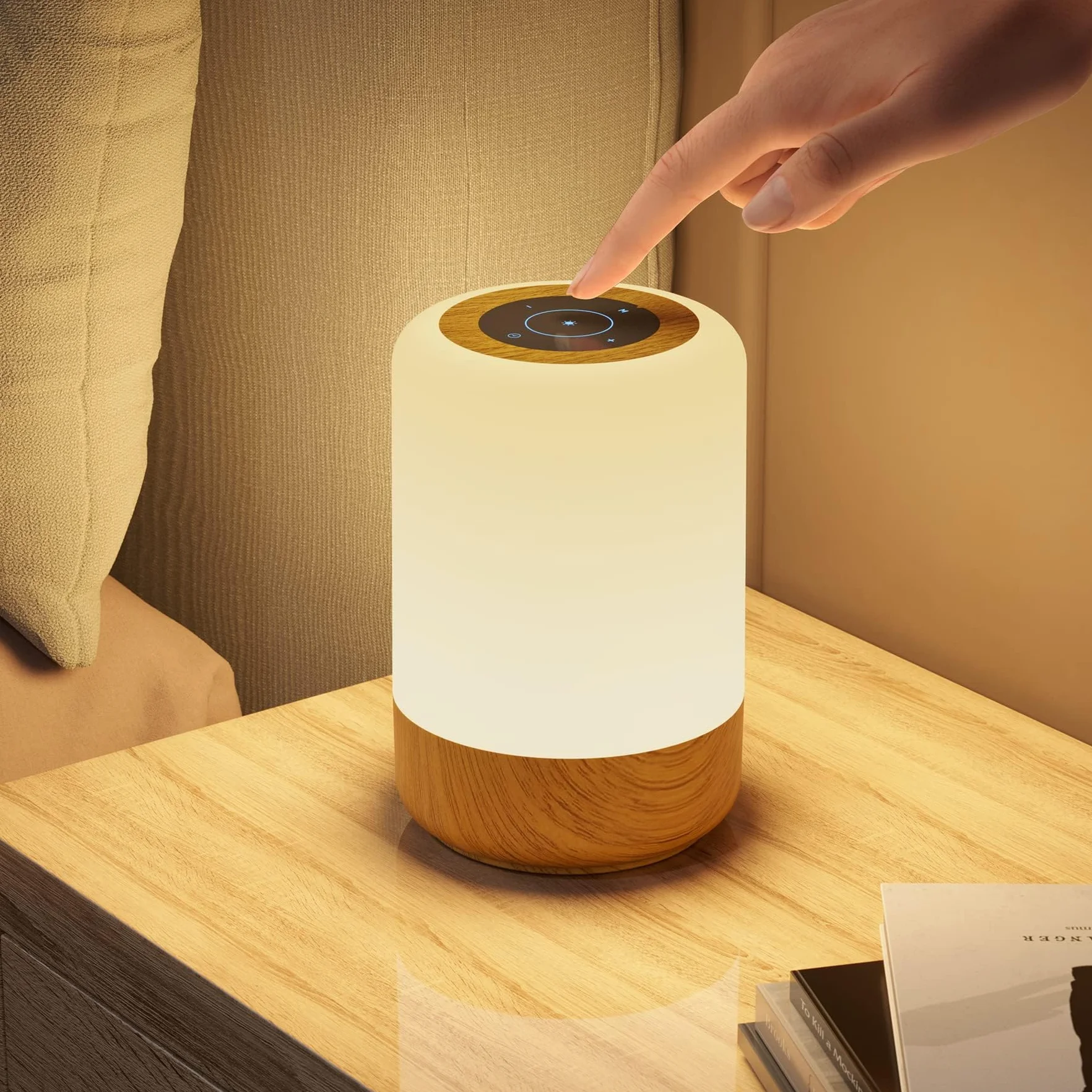 Lampka nocna LED, dotykowa, ściemniana, lampa stołowa, zasilana bateriami, 8 kolorów i 3 tryby, słoje drewna, lampka nocna, ładowanie przez USB, funkcja timera, do sypialni, salonu