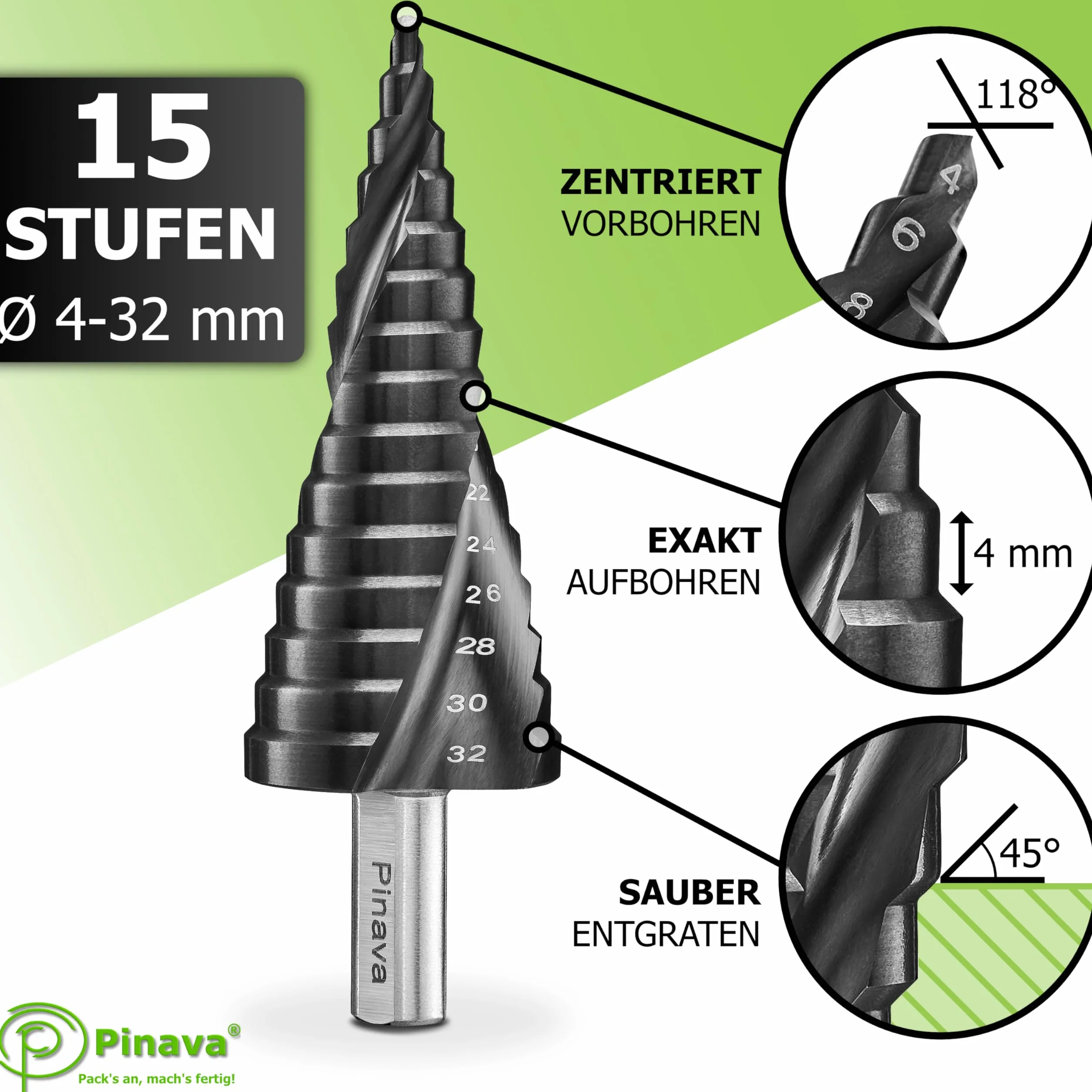 Pinava Wiertło stopniowe HSS Cobalt Pro TiAIN [bardzo trwałe i odporne na wysokie temperatury] – profesjonalne wiertło stożkowe do stali nierdzewnej, metalu, drewna, tworzywa sztucznego – bardzo ostre