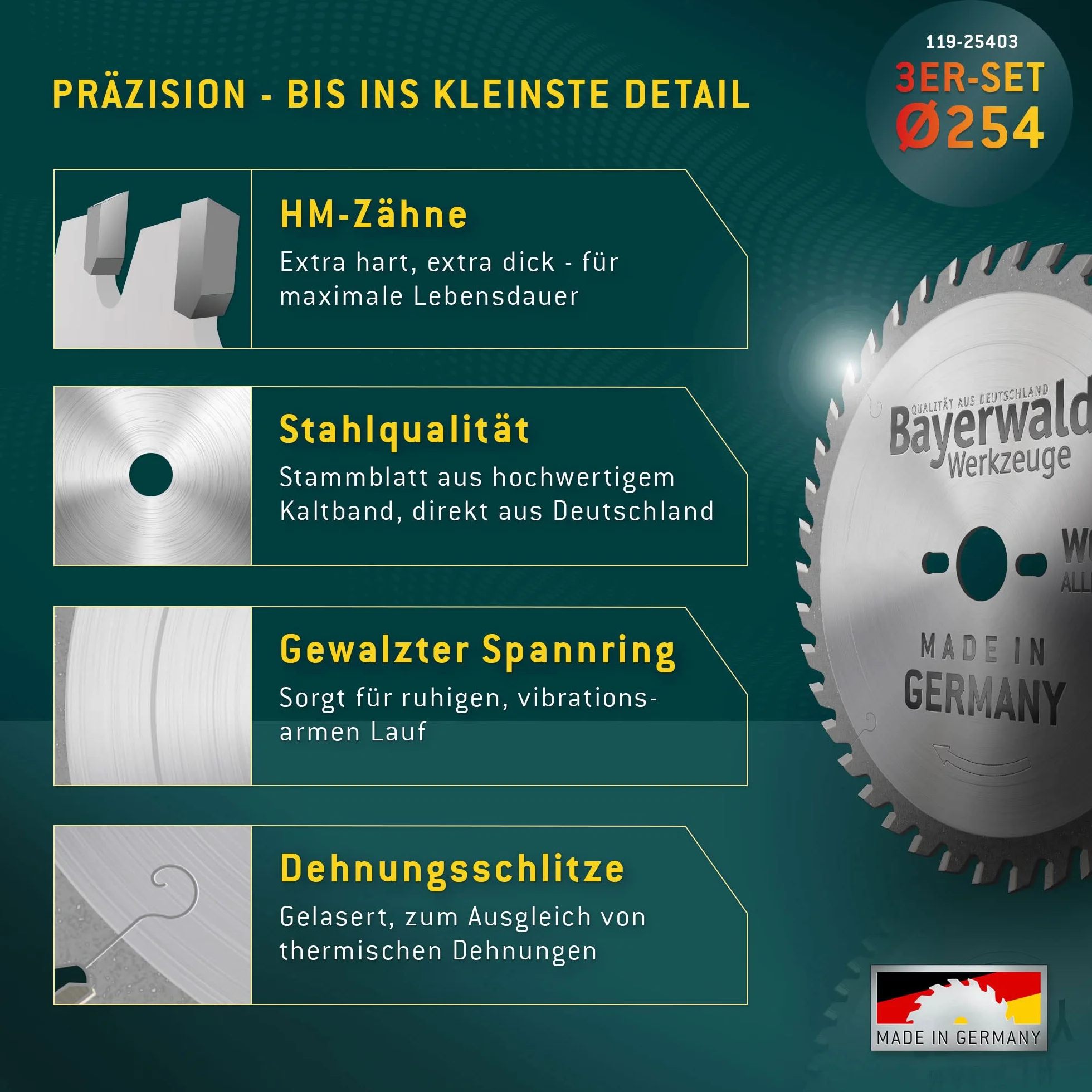 Bayerwald zestaw brzeszczotów do piły tarczowej Ø 254 (3-częściowy) – do aluminium, materiałów drewnopochodnych i tworzyw sztucznych – kompatybilny np. z Bosch GTS – PTS 10 / Metabo TK250 i więcej