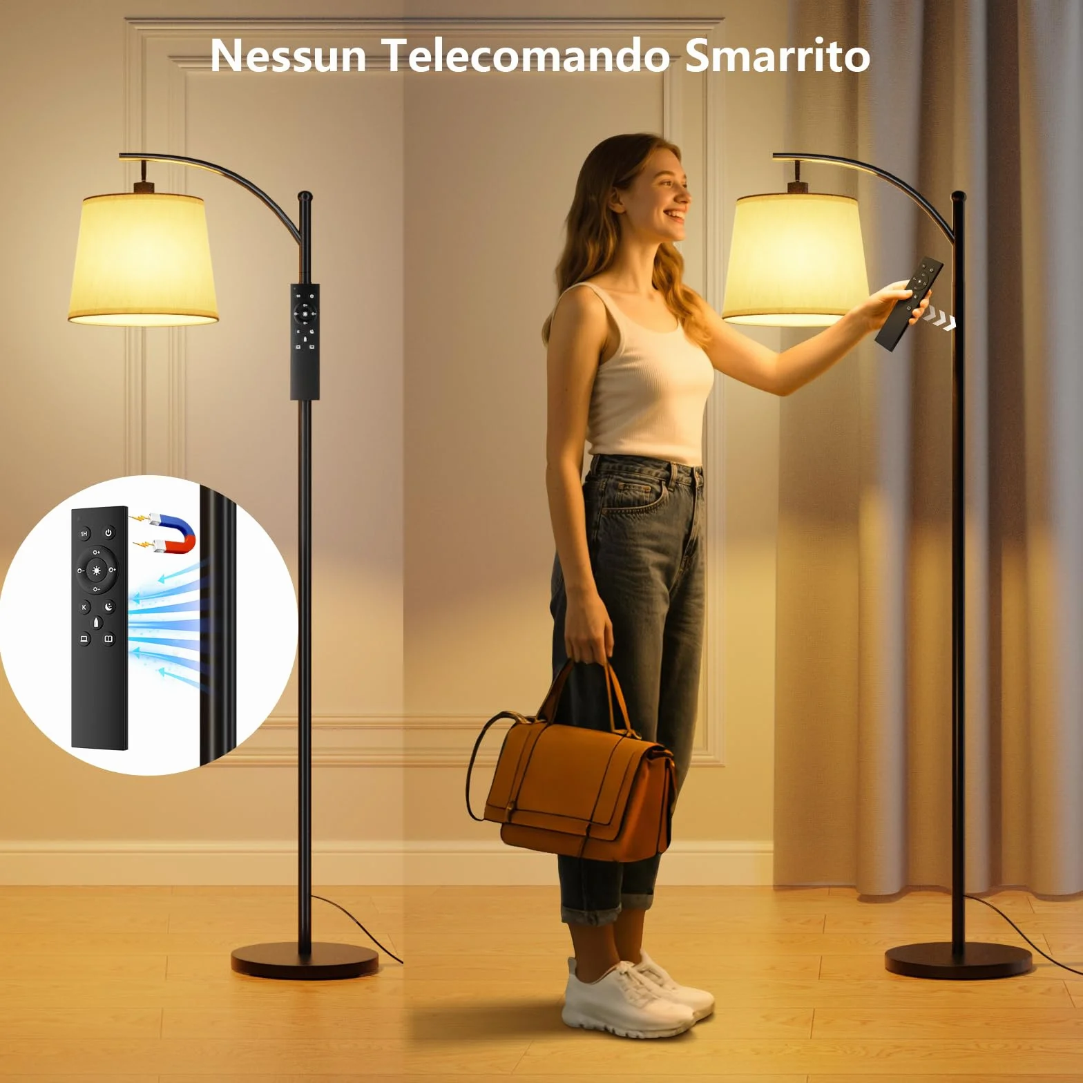 Lampa Podłogowa do Salonu, Lampa łukowa ze Zdalnym Sterowaniem, ściemnialna Lampapodlogowa z Przełącznikiem Nożnym, 3 Temperatury Barwowe, Odpowiednia do Salonu, Sypialni I biura