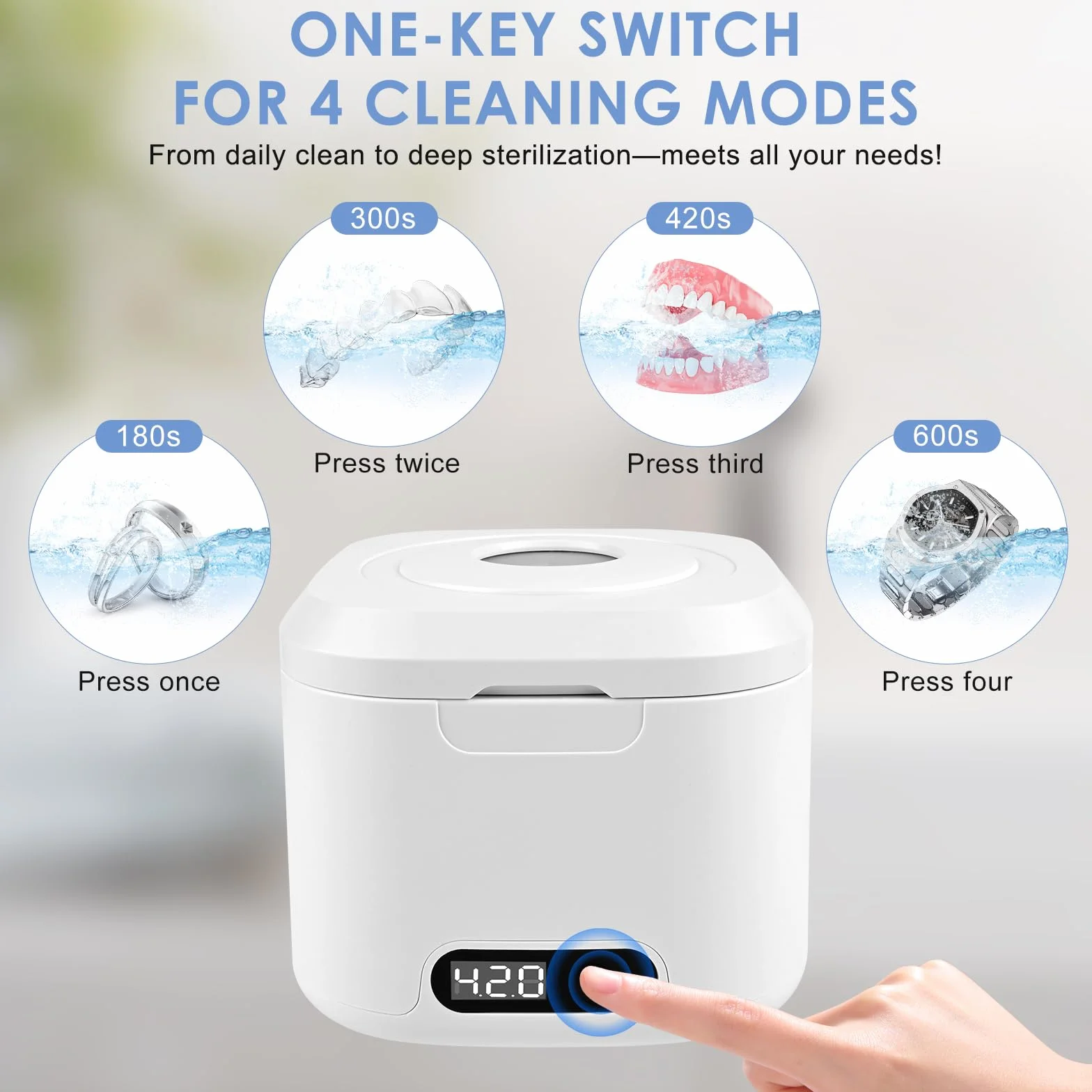 Ultrasonic Cleaner Dental Pod, 50 000 Hz z 6 lampami UV i 340 ml, wysoka moc 40 W, do protez, biżuterii, protez, korektorów, kolor biały