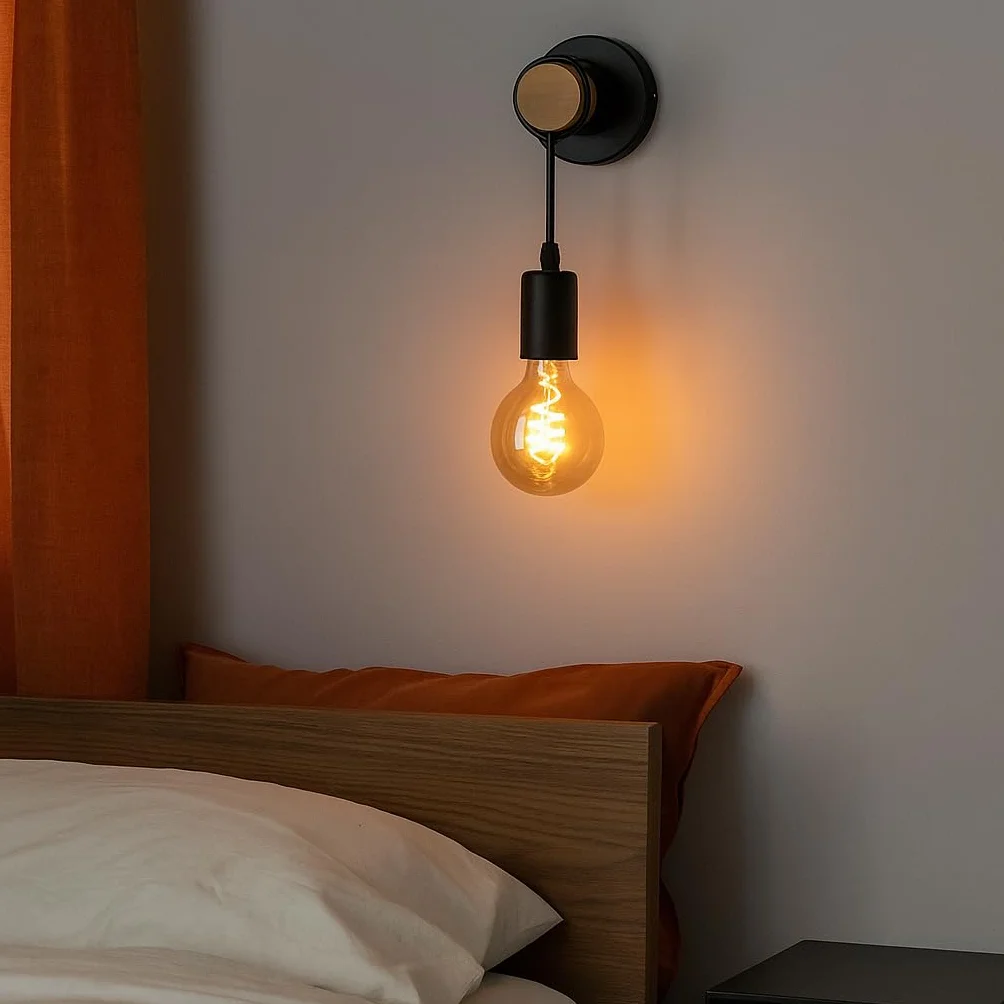 B·LED BARCELONA LED BarcelonaLED Okrągła lampa ścienna z naturalnego drewna z gniazdem E27 czarny wisiorek kabel w stylu vintage nordycki do przedpokoju sypialni salonu