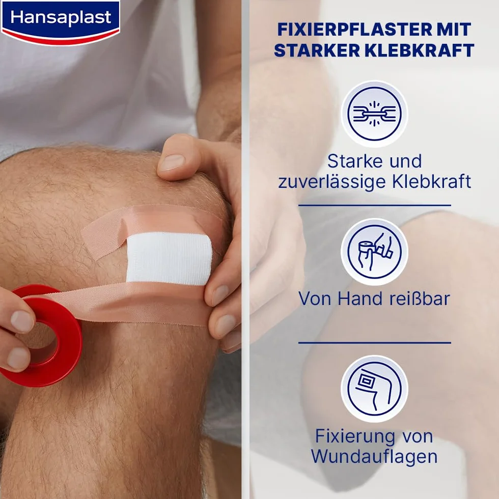 Hansaplast Plaster mocujący Classic (5 m x 2,5 cm), taśma do łatwego i bezpiecznego mocowania opatrunków, rolka z dużą siłą klejenia.