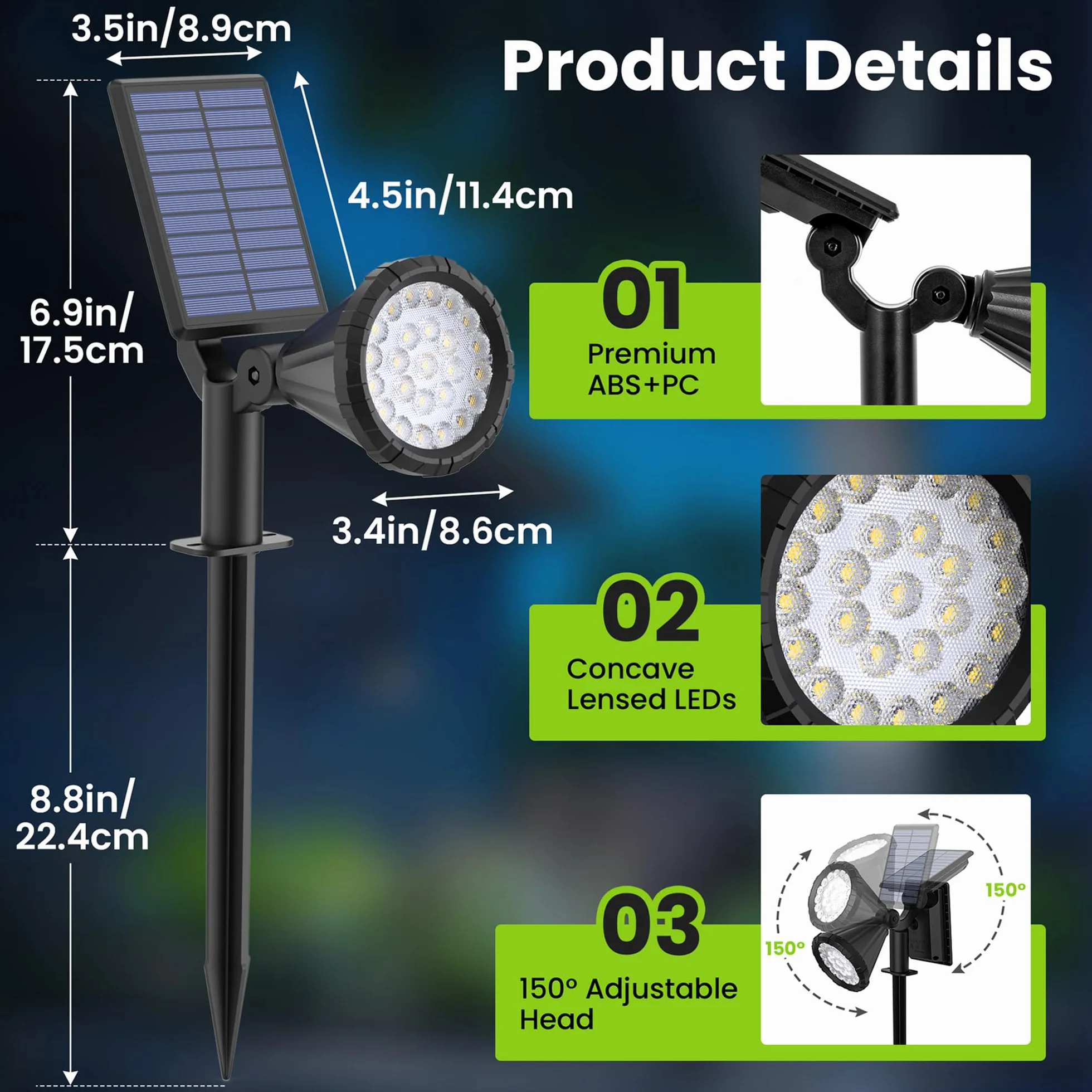 Solpex Solarne oświetlenie punktowe do użytku na zewnątrz, klasa wodoszczelności IP65, 25 diody LED, zasilane energią słoneczną reflektory do ścieżek, ogrodów, ogrodzeń (białe, 6 sztuki)