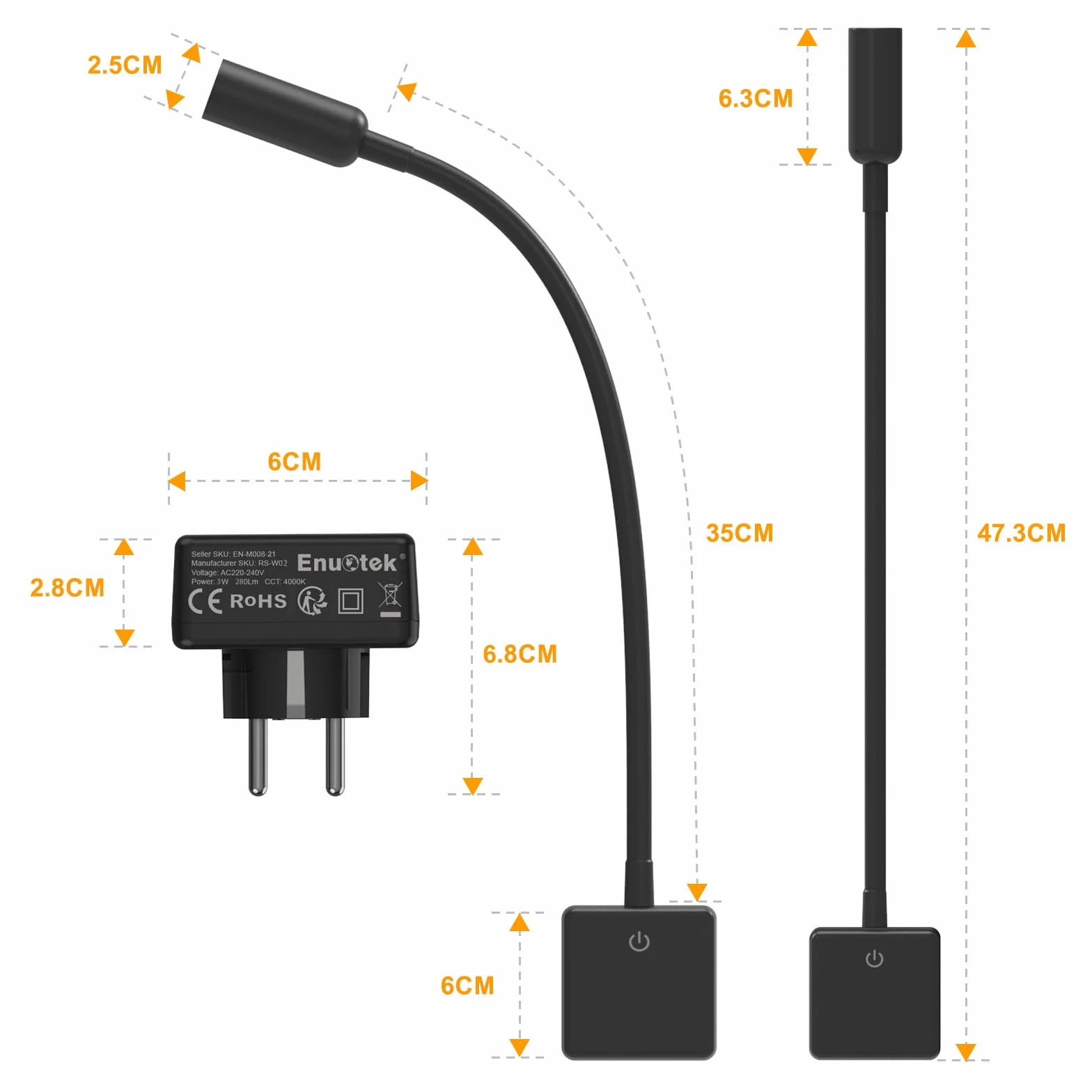 ENUOTEK LED Spot Lampki do czytania gniazdka Z możliwością ściemniania Czarny, 3W 280Lm Reflektor LED Lampy ścienne do czytania do sypialni z wtyczką i przełącznikiem dotykowym, neutralna biel 4000K