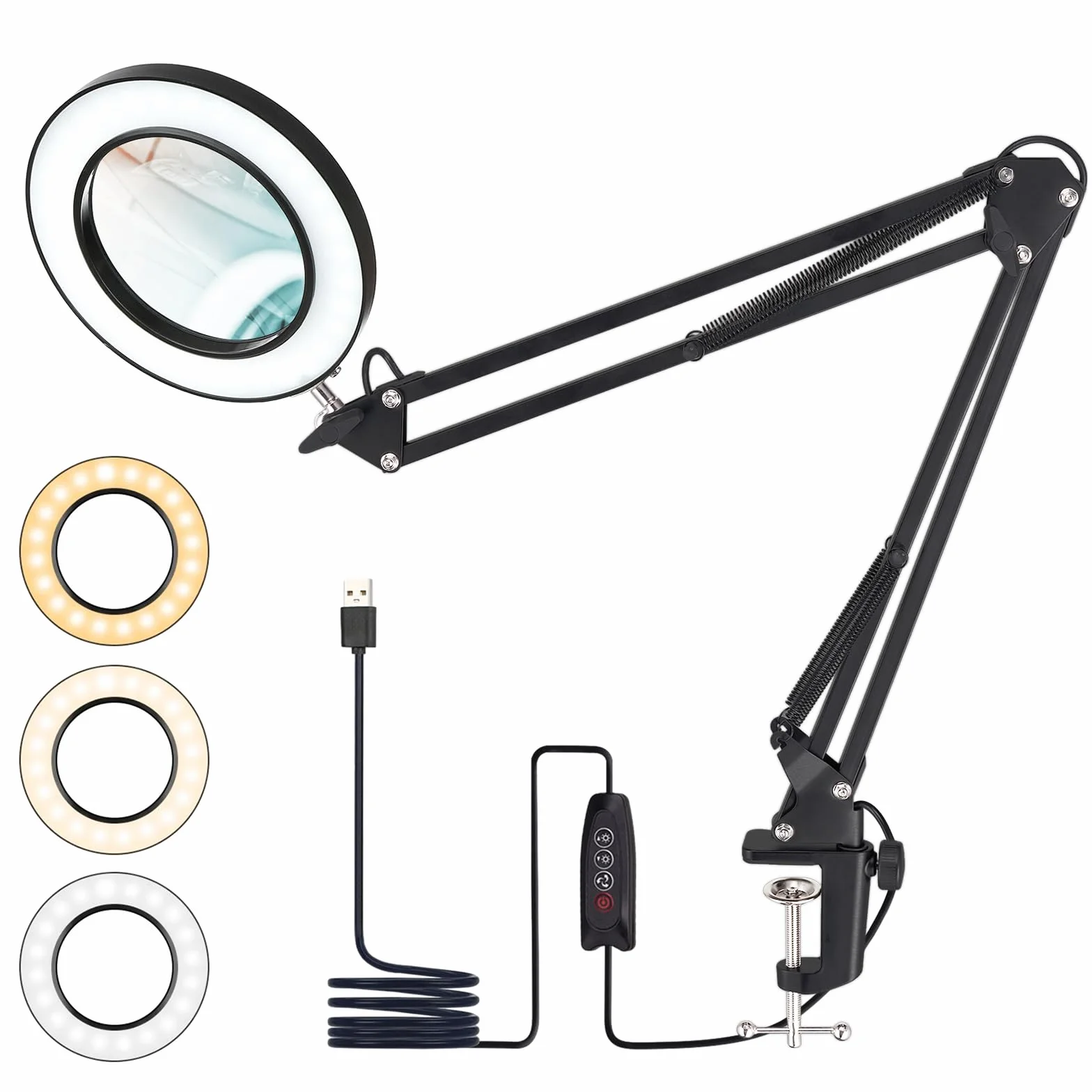 Lampa LED z lupą, 10 x lampa z lupą z zaciskiem, lampka do czytania, 3 tryby kolorów, 10 poziomów jasności, ściemniana, lampa biurkowa z lupą do czytania, hobby, majsterkowania, dla seniorów