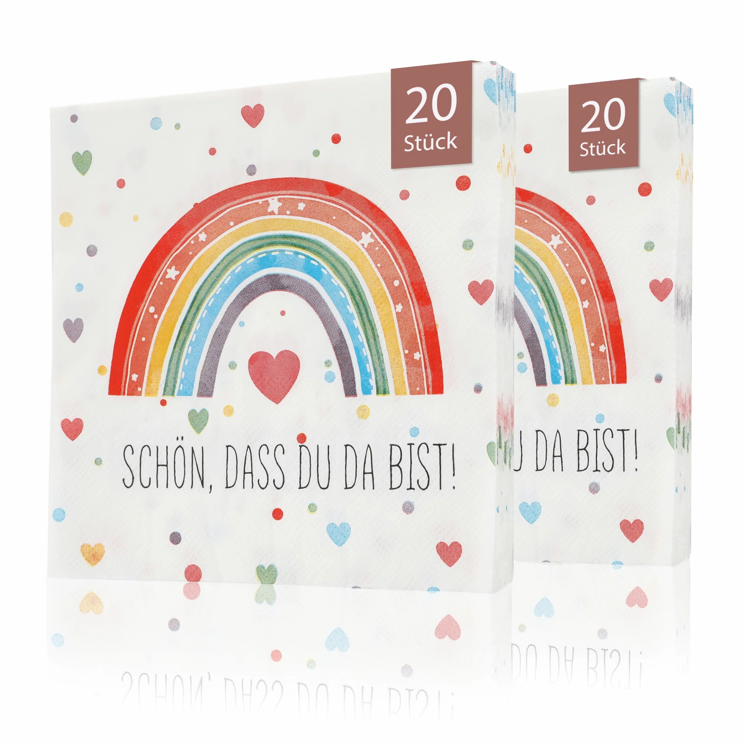 CraftWerk Serwetki tęczowe, zestaw 40 sztuk – dekoracja z sentencją "Schön dass Du da bi", na urodziny dziecka, urodziny lub rozpoczęcie szkoły, 32 x 32 cm