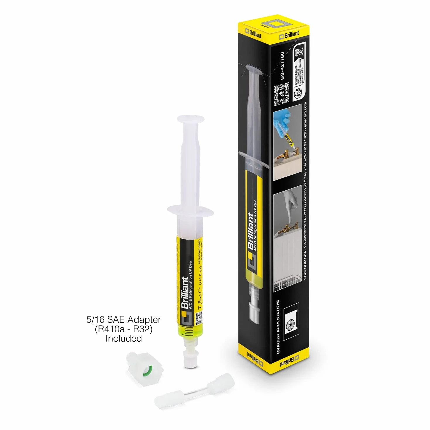 Errecom Brilliant - 7,5 ml Barwnik Fluorescencyjny UV do wykrywania Wycieków Czynnika Chłodniczego w urządzeniach Klimatyzacyjnych i Chłodniczych, w zestawie adapter 5/16 SAE