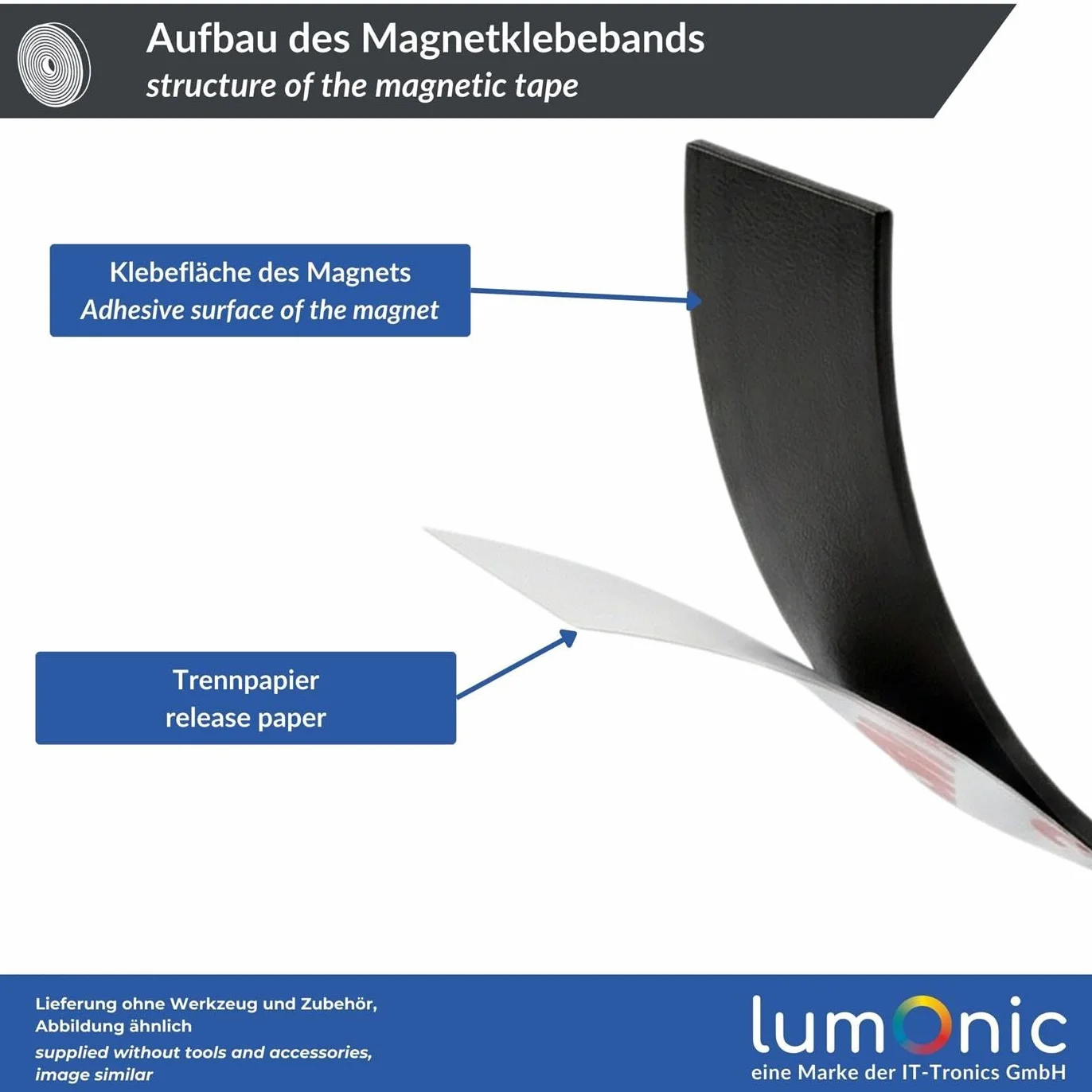 Lumonic 5m Magnetyczna tasma klejaca | 20x1mm | Elastyczny, samoprzylepny, moze byc przycinany do rozmiaru, bez wiercenia | Moskitiera, szkola i tablica