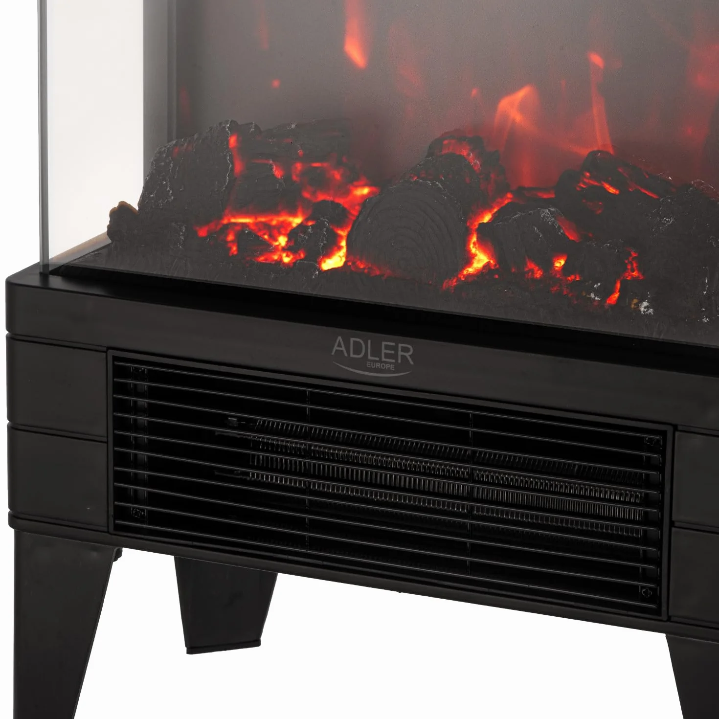 Adler AD 7755 elektryczny kominek LED 2000 W – efekt płomienia 3D, termostat 15–38°C, timer 1–12 godzin, ekran dotykowy, pilot zdalnego sterowania, nowoczesna przenośna konstrukcja, szkło hartowane