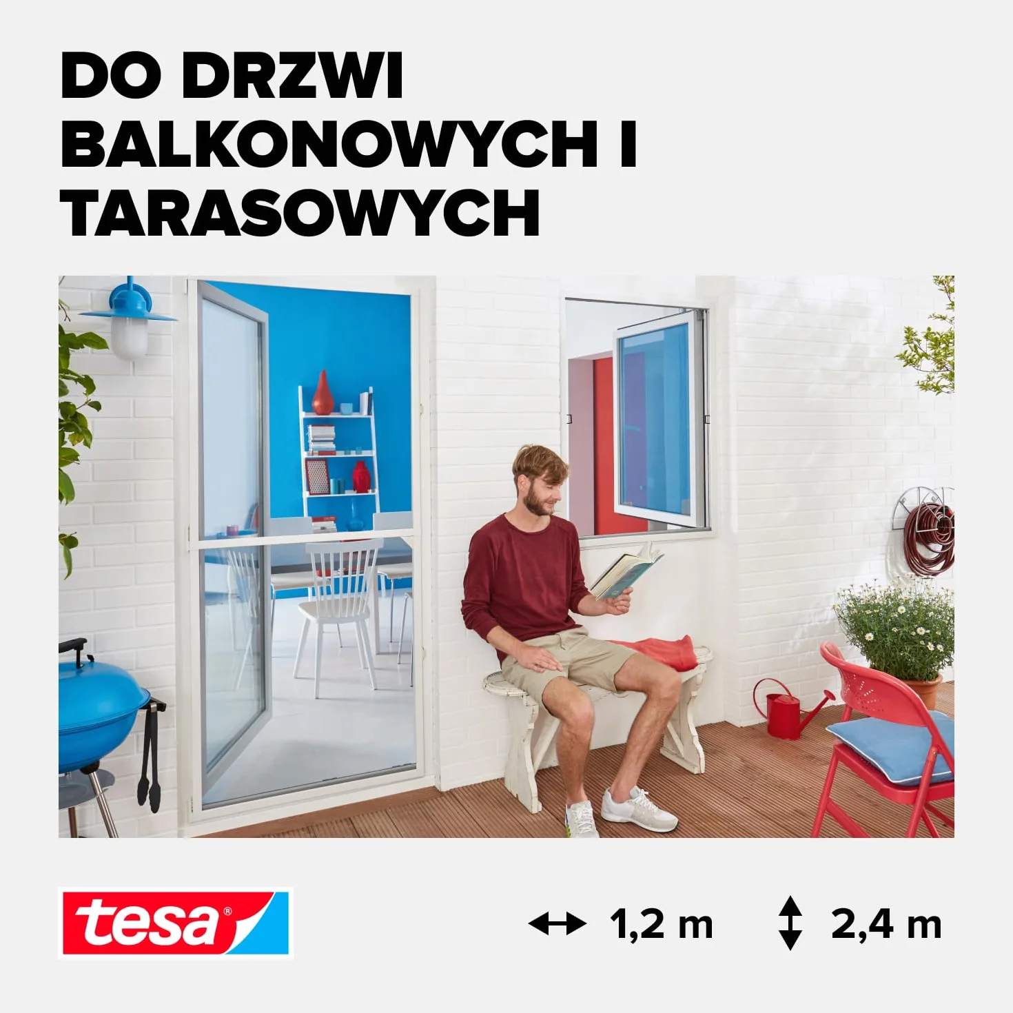 tesa INSECT STOP Aluminium For Doors Frame Fly Screen XL - siatka z ramą aluminiową, czysty widok, biały - 120 x 240 cm