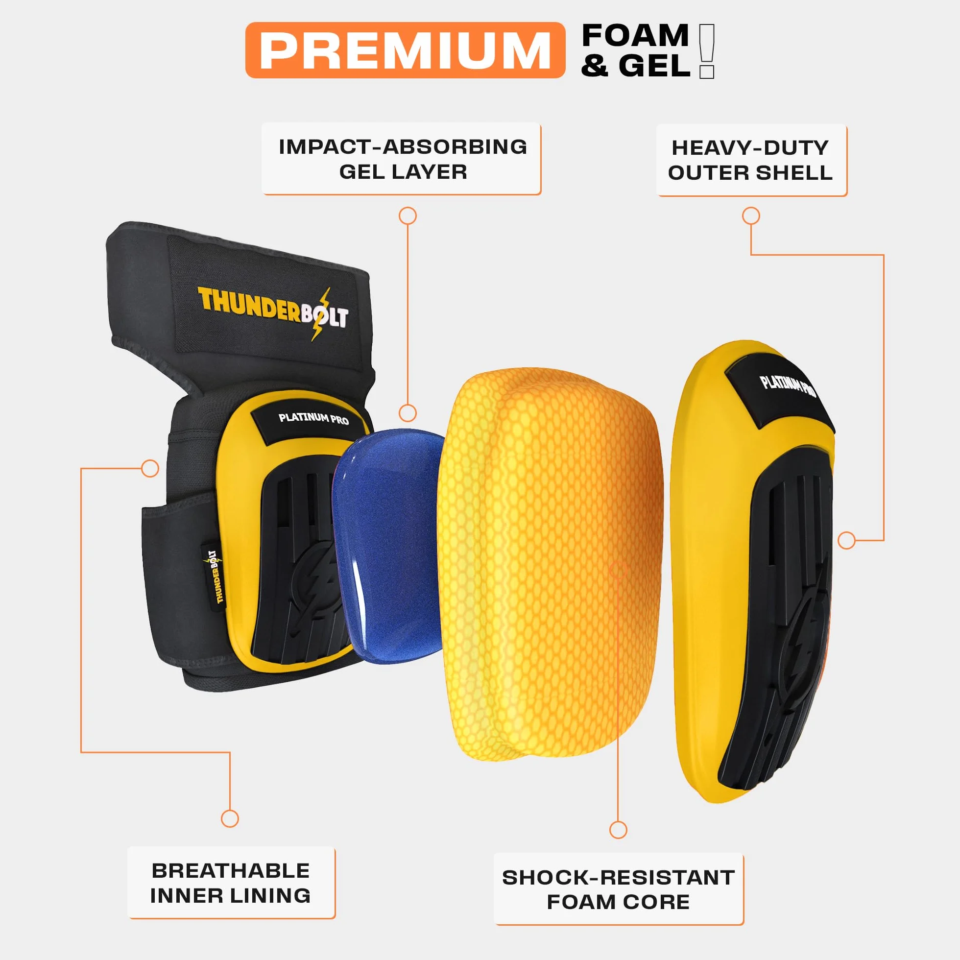 Ochraniacze na kolana Thunderbolt, podwójna poduszka z pianki żelowej, regulowane paski antypoślizgowe (Thunder Yellow)