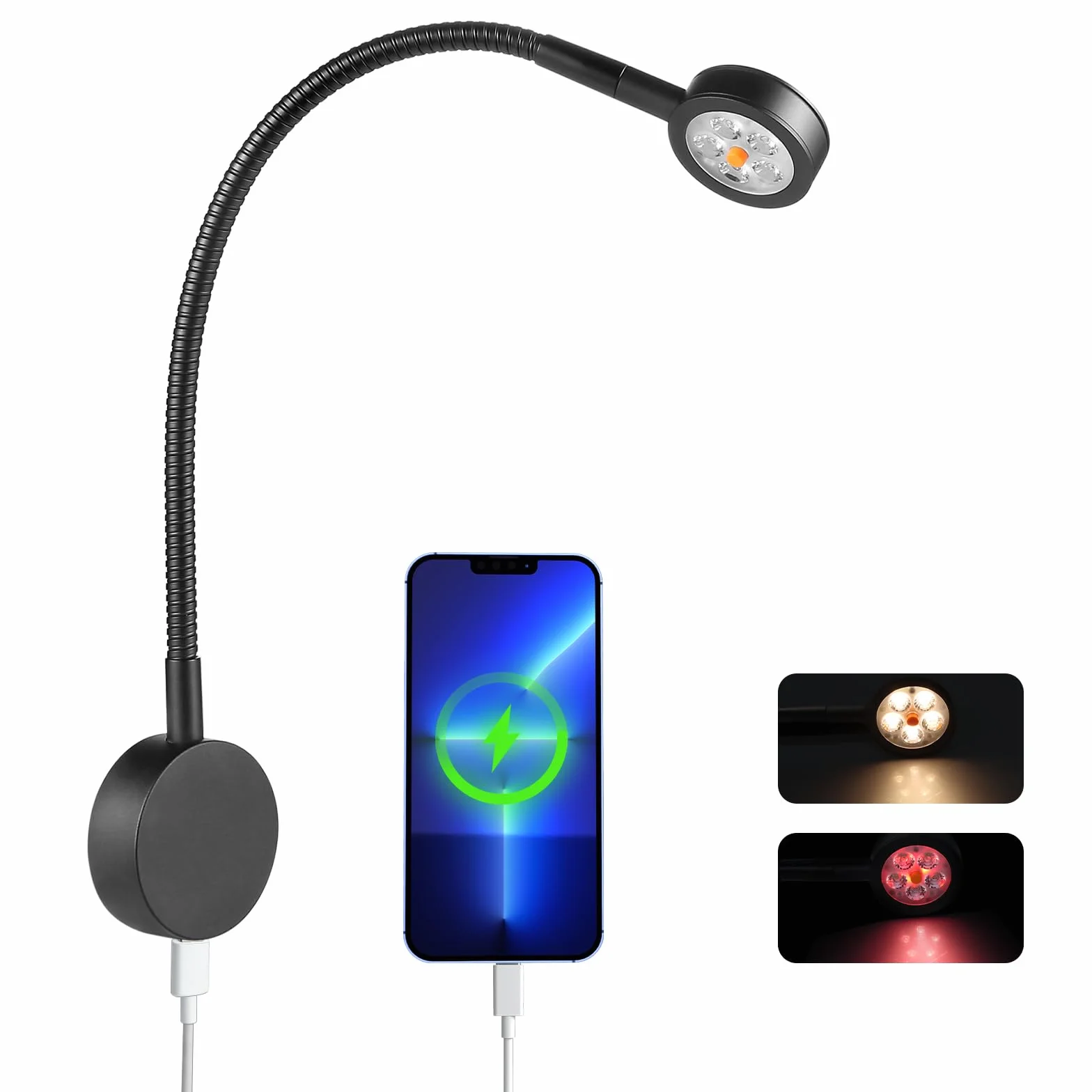 Lampa do czytania 12V przyciemniana DC12-24V 3200K z ładowarką typu C i czerwoną lampką nocną Czarny