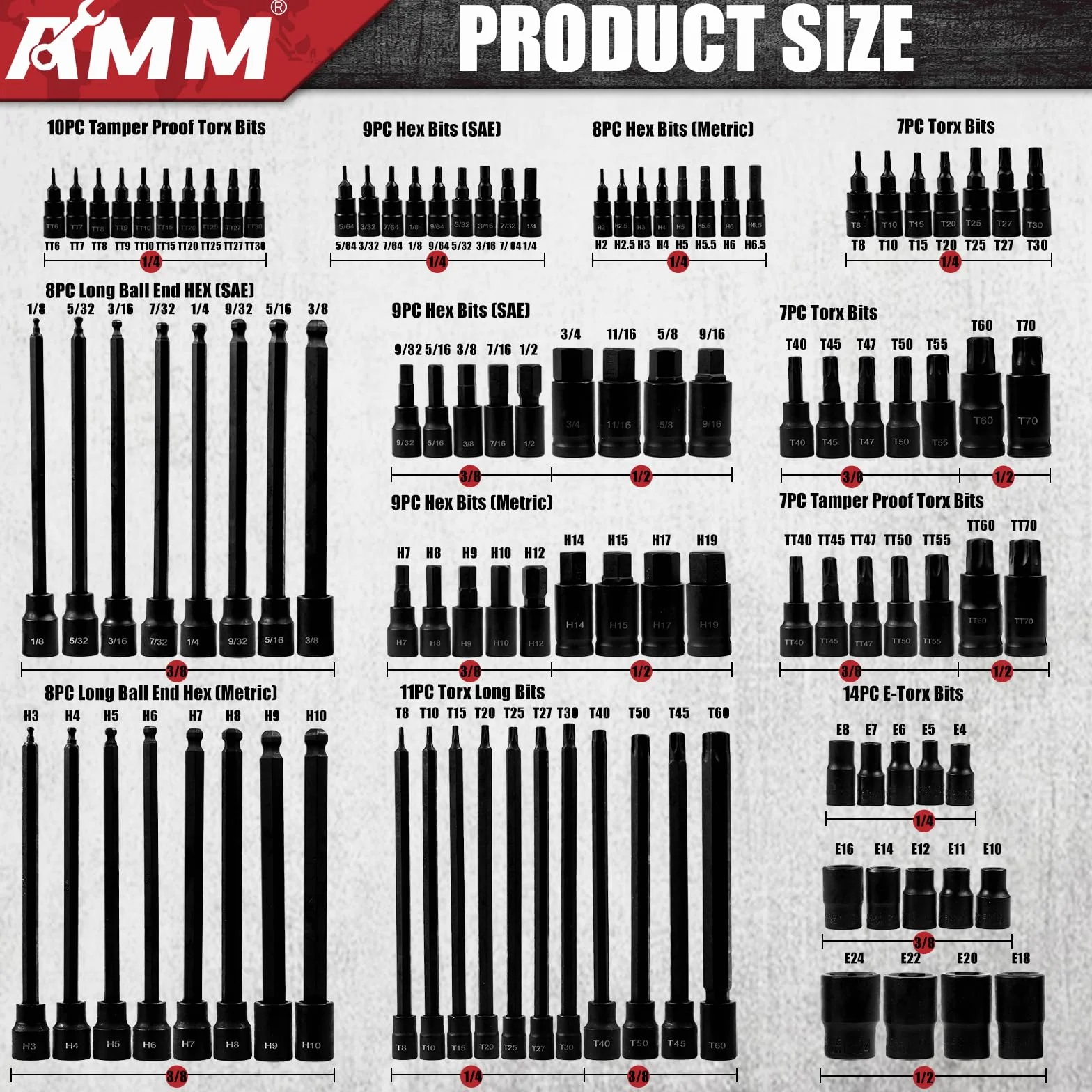 AMM 107 szt. zestaw nasadek imbusowych i Torx, 1/10.2 cm, 3/20.3 cm i 1/5.1 cm, bardzo długi Torx/Tamper Proof Torx/Hex/Ball End Hex, SAE/zestaw nasadek metrycznych, bity ze stali stopowej S2