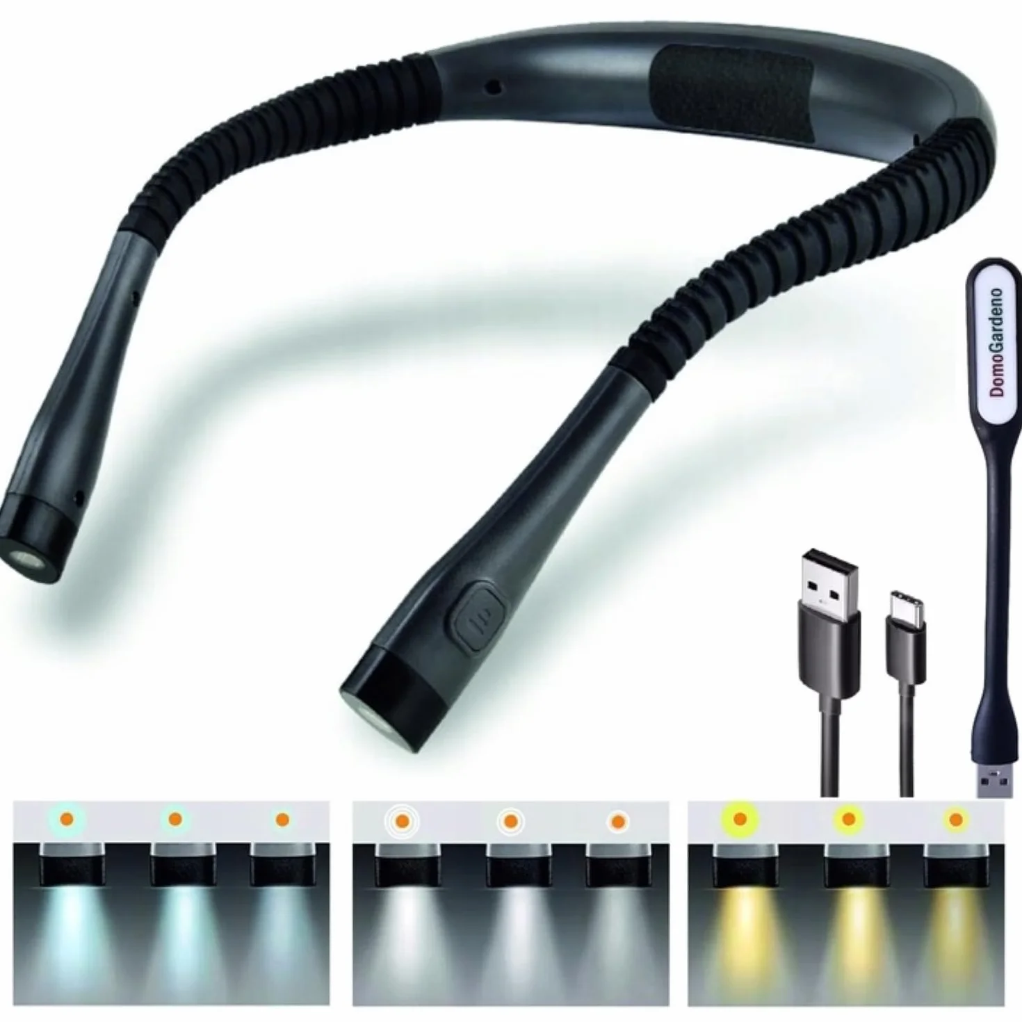 Lampka na szyję do czytania, szycia, majsterkowania. Lampka LED. Wbudowana bateria. Ładowanie przez USB + lampka USB DomoGardeno