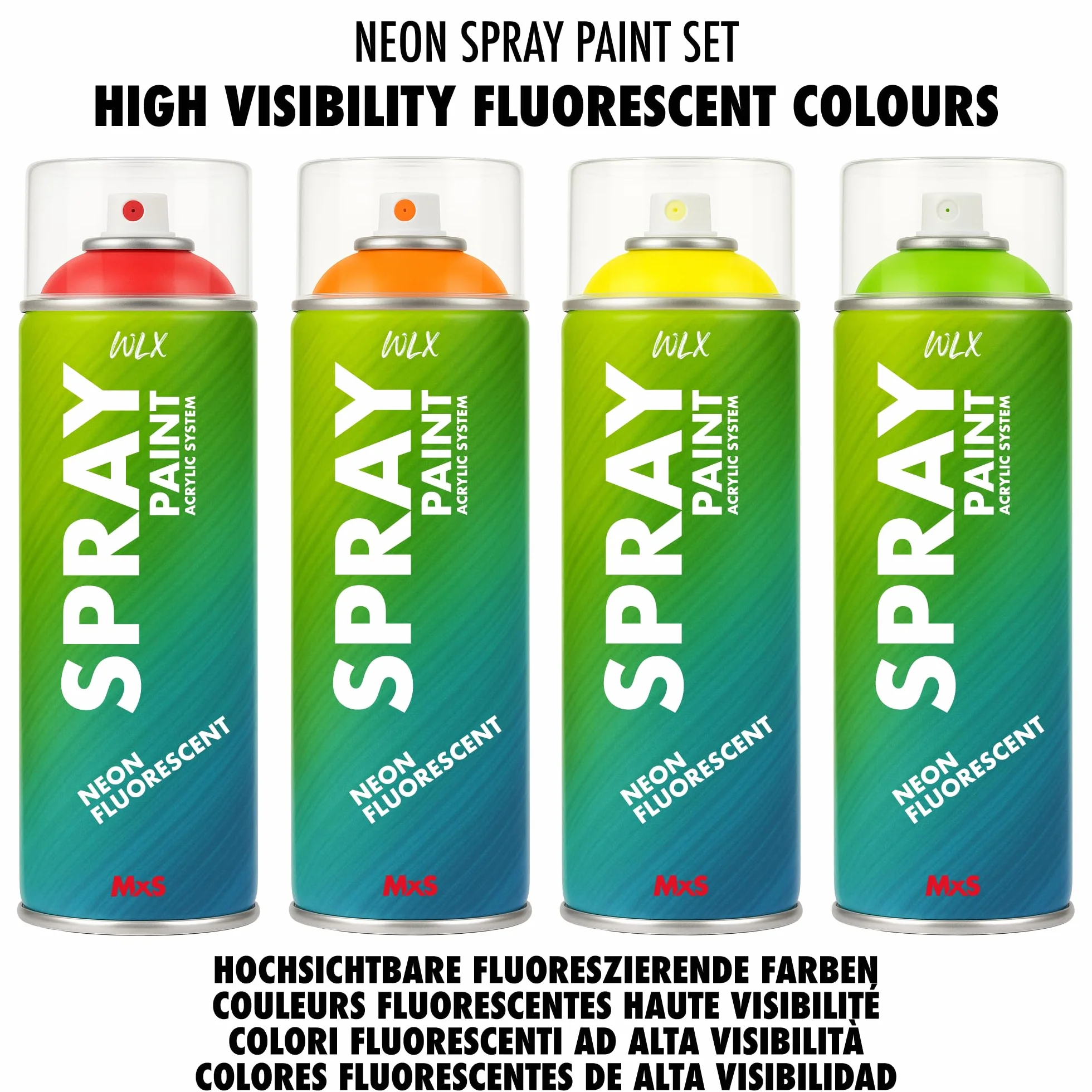 WLX Zestaw farb neonowych w sprayu, 4 kolory po 400 ml, wysoce widoczne, szybkoschnące farby fluorescencyjne do drewna, metalu, kamienia i szkła