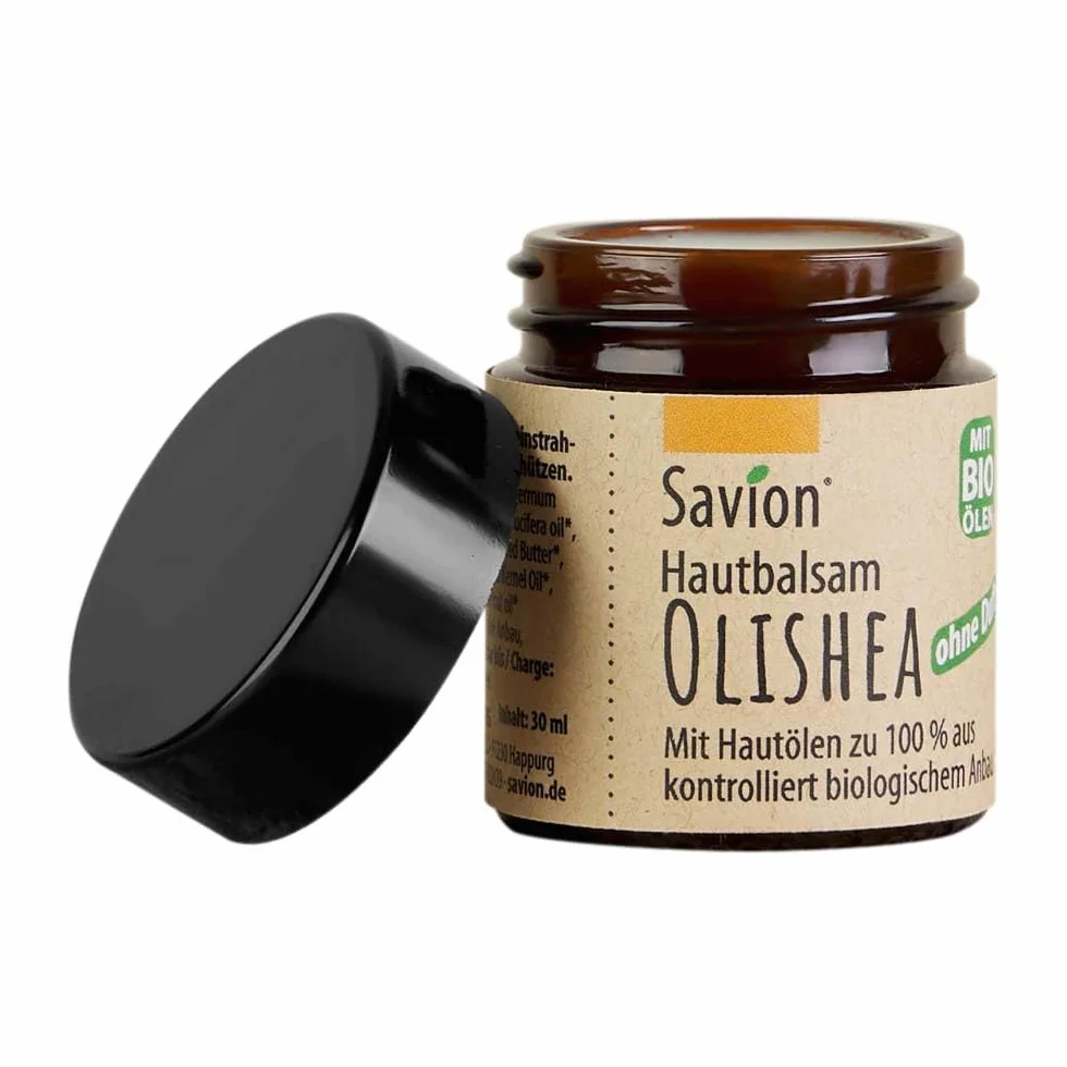 Savion Olishea balsam do skóry, naturalna pielęgnacja, bez zapachu, masło shea, oliwa z oliwek, olej z pestek moreli, do skóry wrażliwej, ekologiczny i wegański (30 ml)