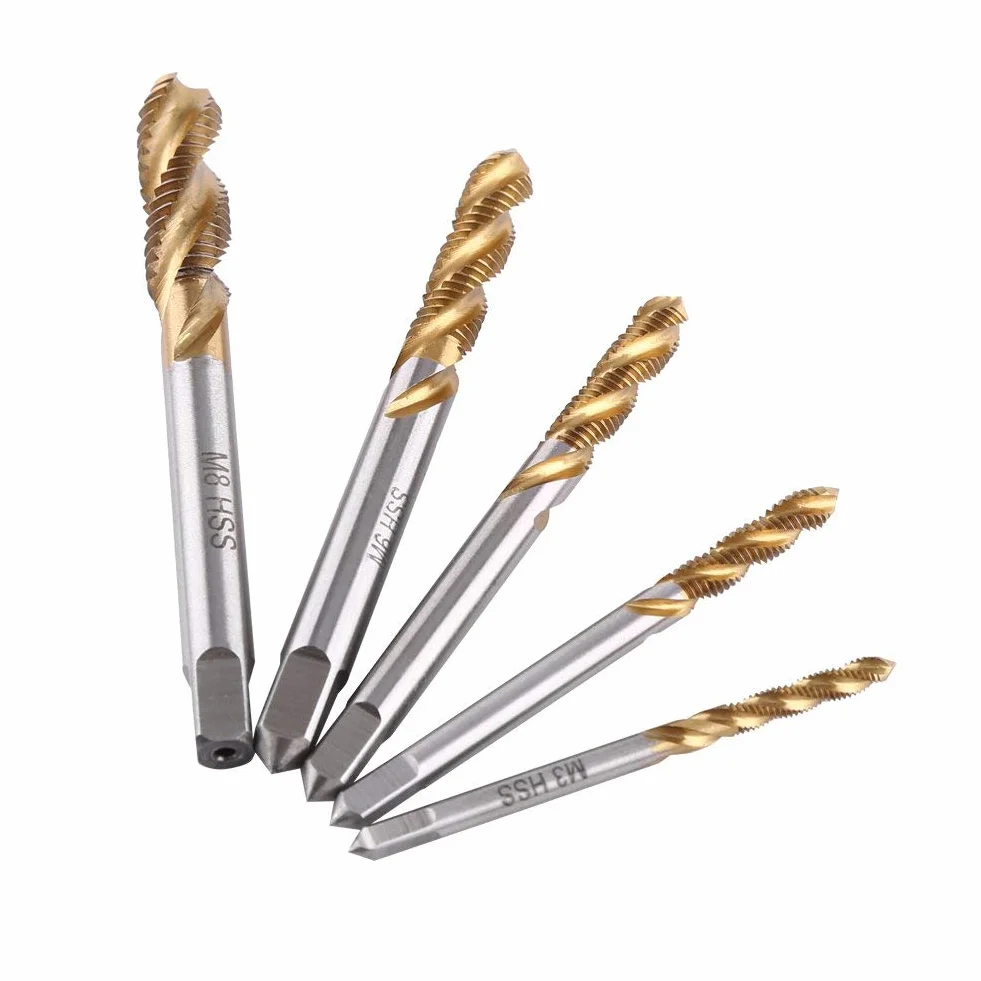 5 pcs Gewindebohrer Set Titan Beschichtet HSS Schraube Sechskantschaft Senker Werkzeuge Spiralnut Gewinde Schneiden Gewindebohrer M3 M4 M5 M6 M8 für Holz Kunststoff Dünnes Aluminium