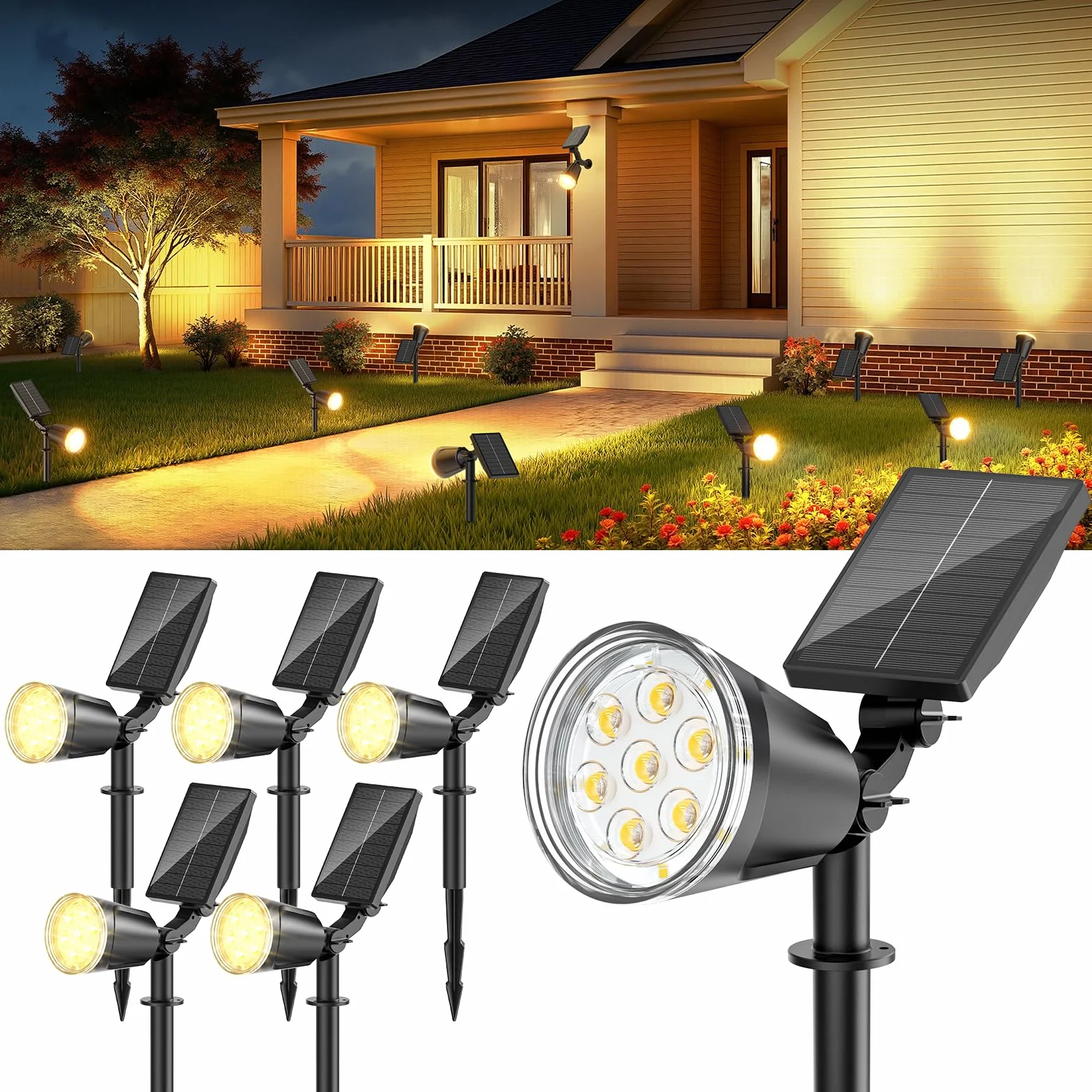 GEARLITE Lampy solarne do ogrodu na zewnątrz, ciepła biel, solarne LED reflektory zewnętrzne z 1500 mAh akumulatorem, 1200 lumenów, lampy solarne do użytku na zewnątrz z IP65 wodoodpornością do