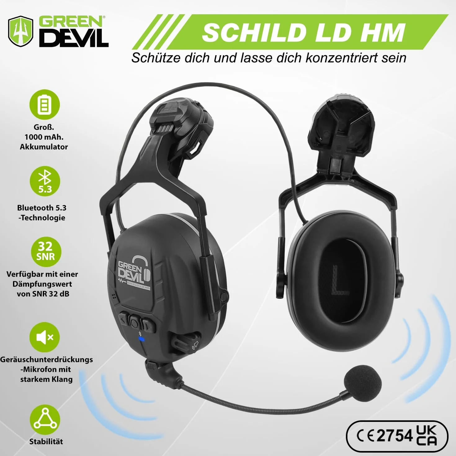 GREEN DEVIL Mervex Vent kask ochronny z aktywną ochroną słuchu i przezroczystym wizjerem, kask roboczy ABS, EN 397, kask przemysłowy zgodny z normą EN352 SNR 32 dB z Bluetooth
