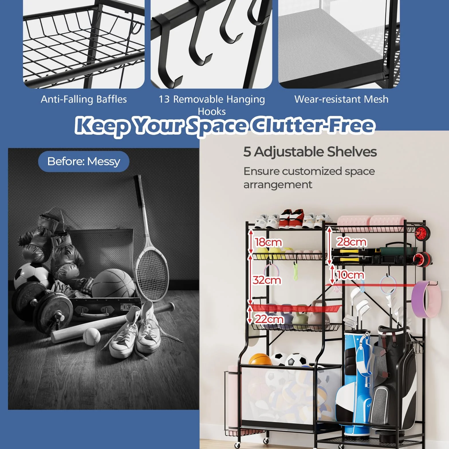 LIFEZEAL Stojak na narzędzia sportowe, mobilny, regulowany, 170 x 40 x 174 cm, 6 kół, uchwyt na piłkę, stojak na golfa, stojak na ciężary, stojak na piłkę, z 13 hakami, półka boczna, siłownia, dom