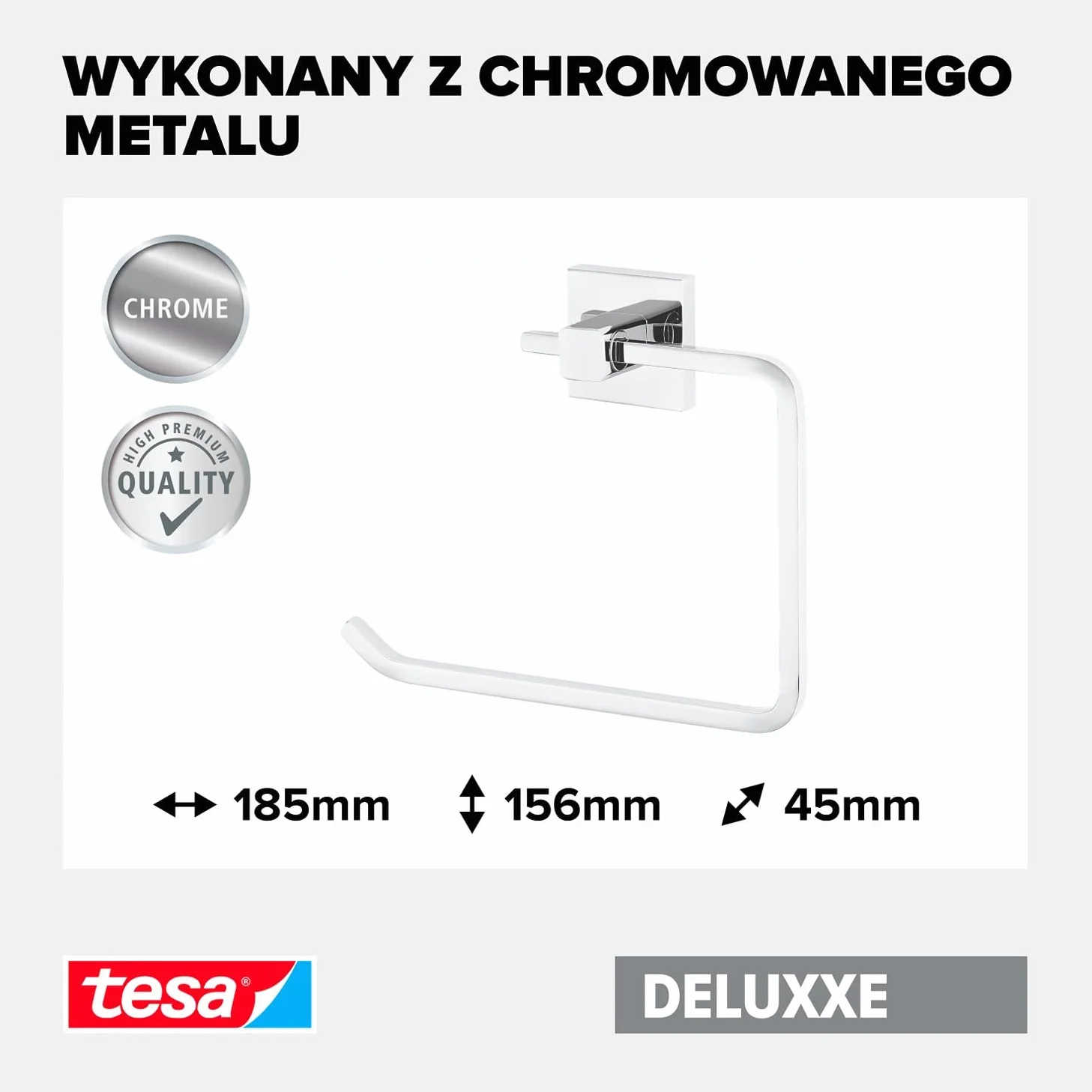 tesa DELUXXE wieszak na ręczniki samoprzylepny metalowy chromowany 156 mm x 185 mm x 45 mm
