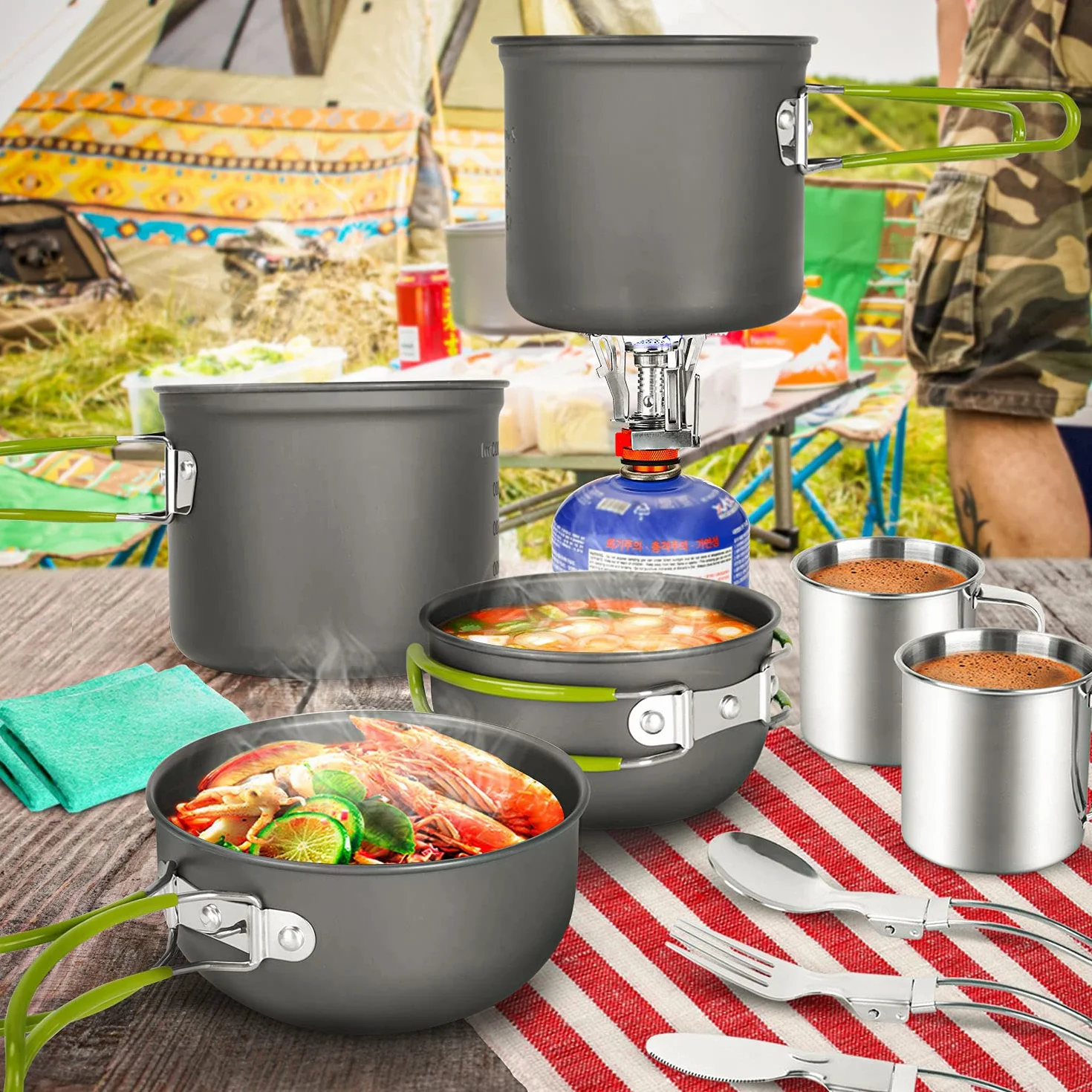 Odoland Multi-PCS zestaw patelni aluminiowych, trwały, kompaktowy, kempingowy, kompletne naczynia z ultralekką kuchenką kempingową do pieszych wędrówek, wędkowania