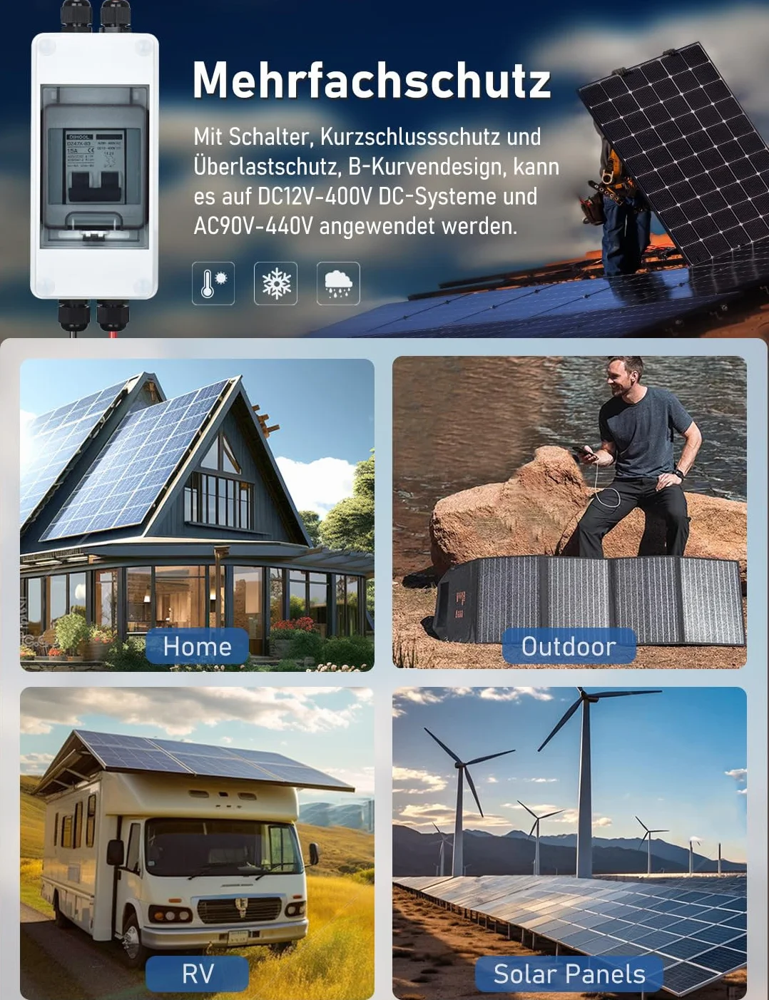 Automatyczny bezpiecznik PV, wyłącznik PV, wyłącznik prądu stałego IP65, wyłącznik automatyczny, instalacja solarna, 500 V, 10-63 A, 2-pilotowa ochrona obwodu DC (15 A)