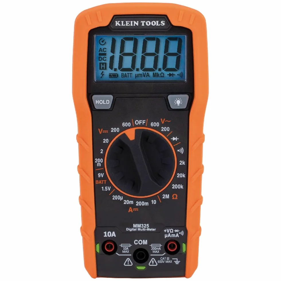 Klein Tools Multimetr MM325, cyfrowy ręczny tester napięcia 600 V AC/DC, testuje baterie, prąd, rezystancję, diody i ciągłość, czarny