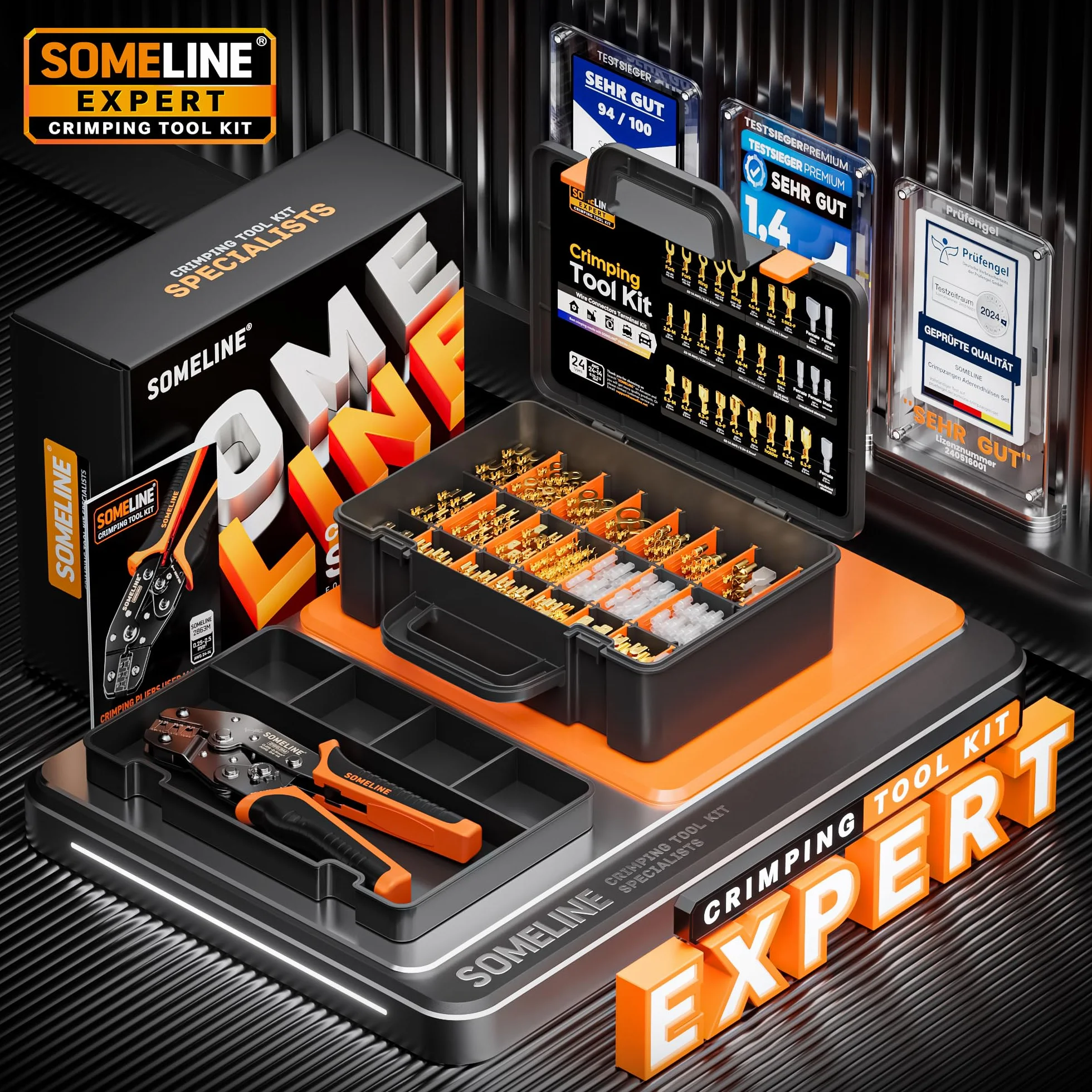 SOMELINE Szczypce do Zaciskania Zestaw Gniazd Płaskich Narzędzie do Zaciskania Zestaw Końcówek Kablowych z 24 Rodzaje 0,25-2,5 mm², złącza kablowe Crimp Tool Zestaw szczypiec do zaciskania