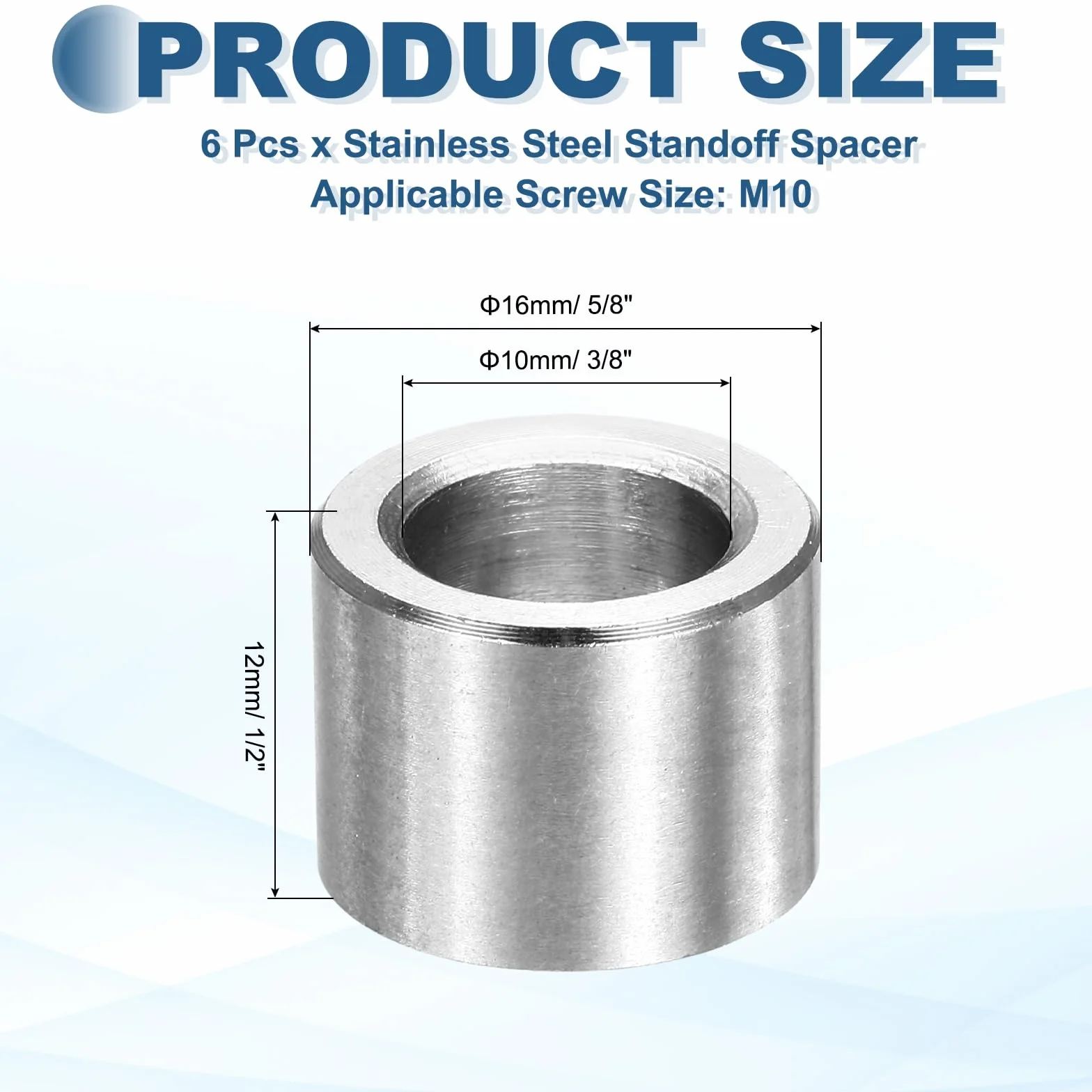 QUARKZMAN 6 szt. Metalowy element dystansowy, M10 przekładki ze stali nierdzewnej 304, 10 mm ID x 16 mmOD x 12 mm długości, okrągły, bez gwintu, gładkie wykończenie śruby, srebrny