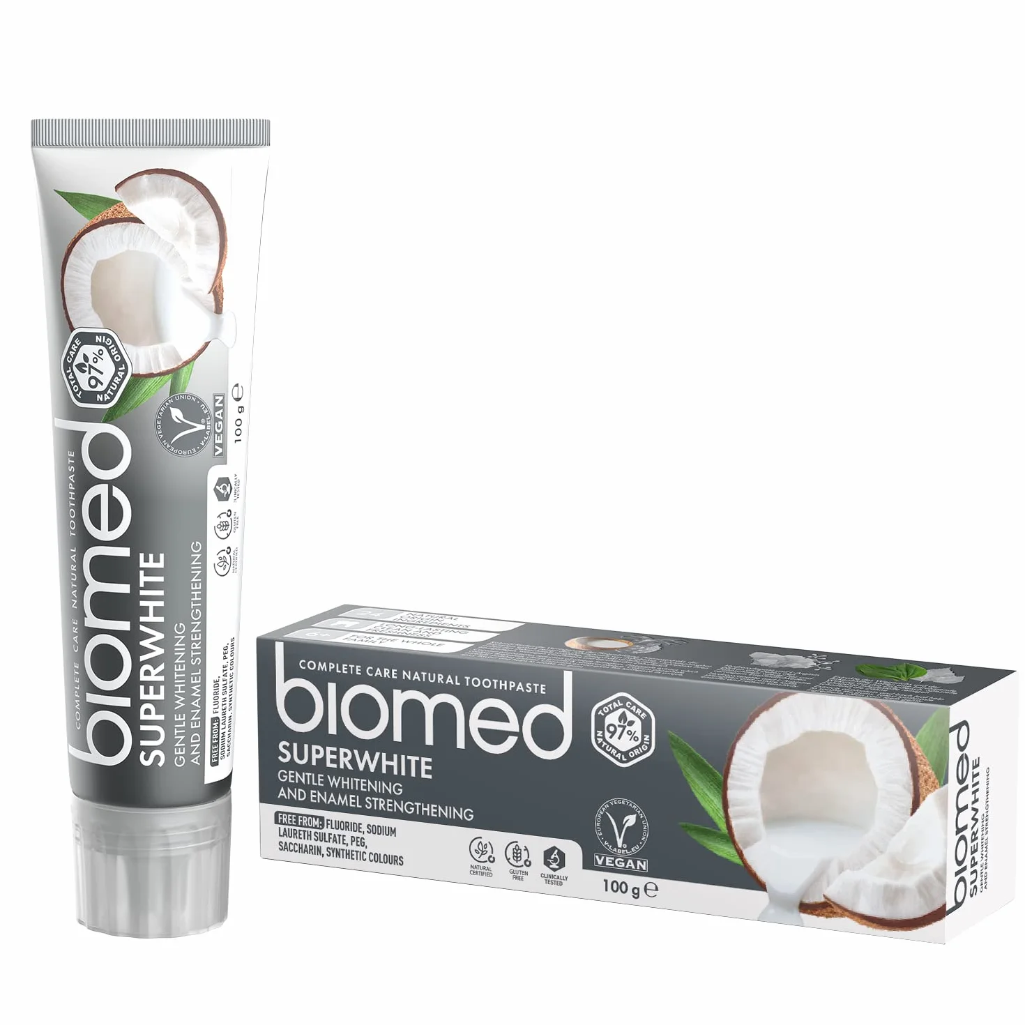 Biomed Superwhite 97% naturalna wybielająca pasta do zębów/wzmocnienie emalii/smak kokosowy, wegański, SLS Free 100g