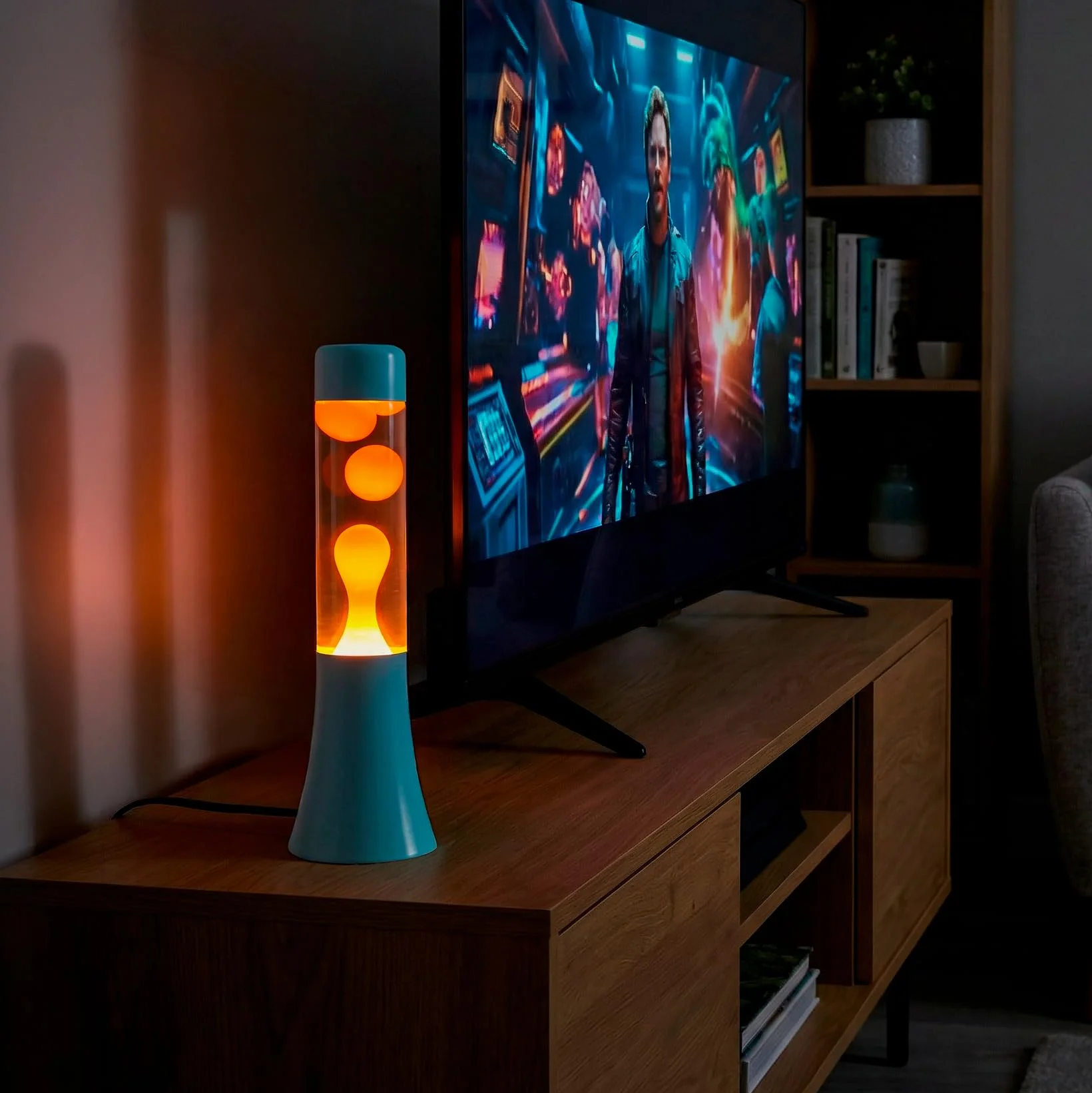 Fisura Lampa lawa zielona 30 cm retro dekoracyjna niebieska podstawa pomarańczowy płyn