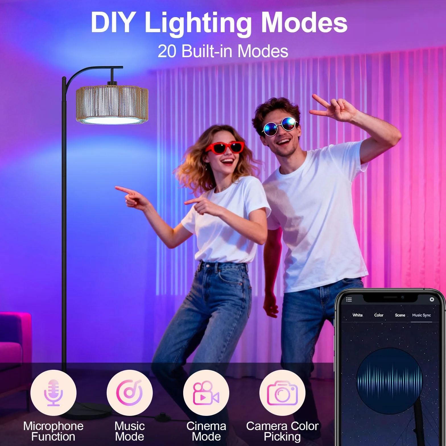 Lampa stojąca do salonu, rattanowa, RGB, ściemniana, lampa stojąca z pilotem zdalnego sterowania i sterowaniem za pomocą aplikacji, funkcja timera, DIY i tryb muzyki, E27 lampy stojące do