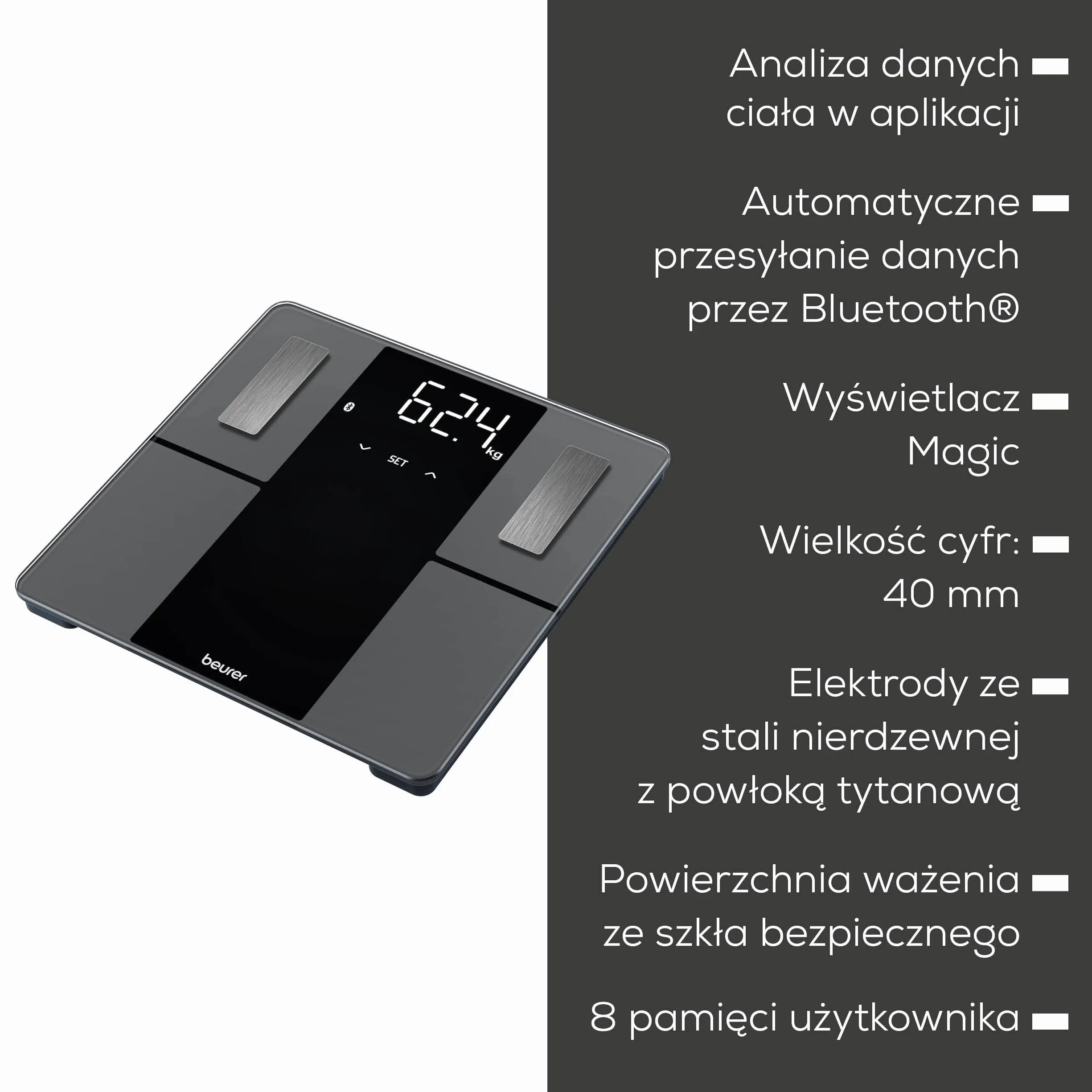 Beurer BF 500 cyfrowa waga łazienkowa Bluetooth pomiar tkanki tłuszczowej mięśni kalorii Apple Health