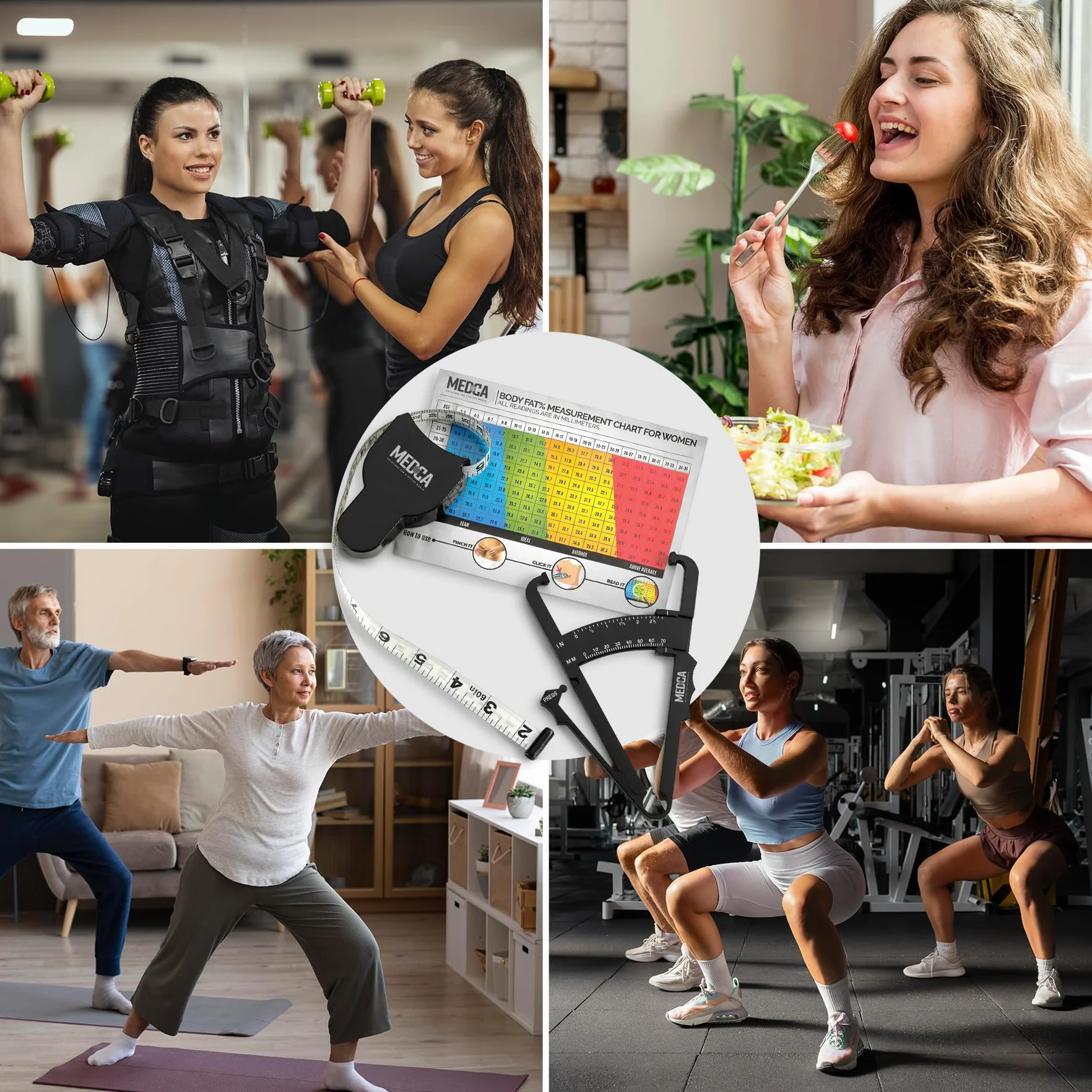 MEDca Suwmiarka do tkanki tłuszczowej i taśma pomiarowa Fold Fitness do dokładnego BMI skóry i utraty wagi
