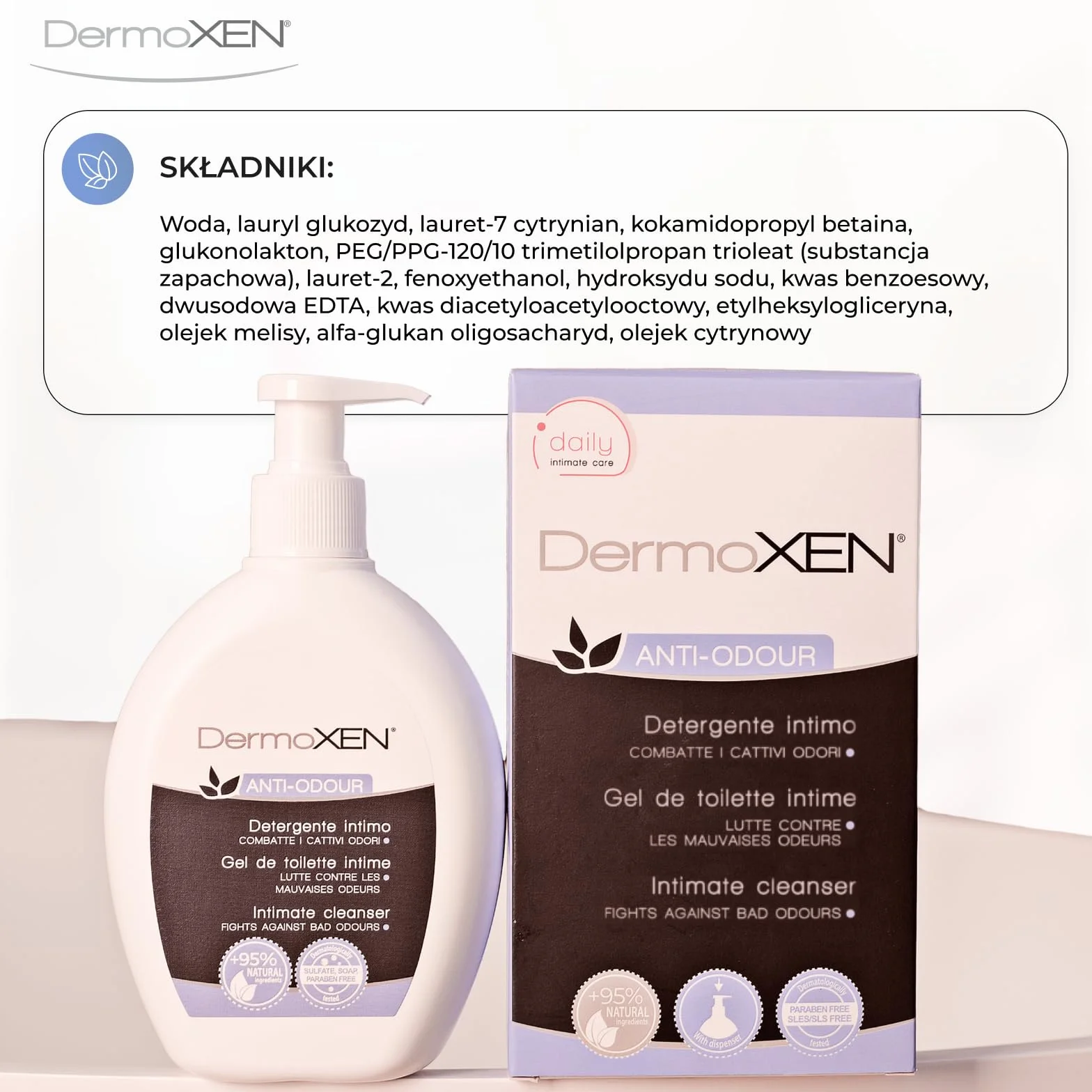 Dermoxen Detergent do bielizny dla kobiet przeciwzapachowych na Candida, miesiączkę i nietrzymanie moczu. Włókna prebiotyczne i melisy przeciwko nieprzyjemnym zapachom intymnym. Bezpieczny w ciąży