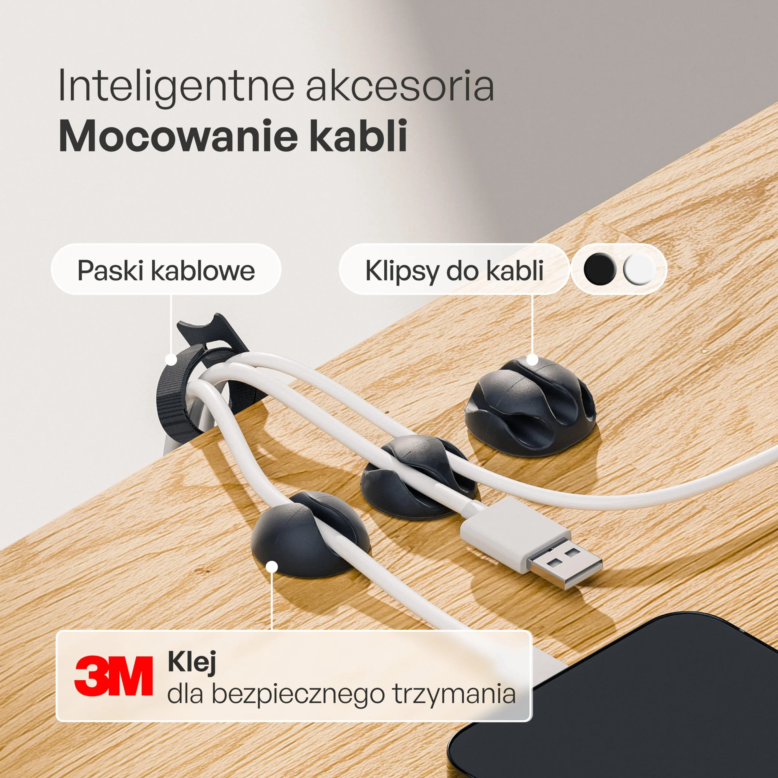 PAMO kanał kablowy na biurko czarny 2 sztuk z opaskami kablowymi na rzepy