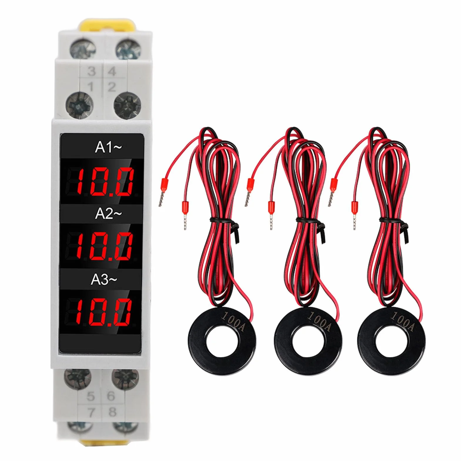 3-fazowy Woltomierz na szynę DIN Amperomierz, AC 80–500 V 1–100 A Cyfrowy Licznik Energii z 3 Czujnikami, Napięciowo-prądowy Miernik Mocy Tester Energii Elektrycznej Multimetr