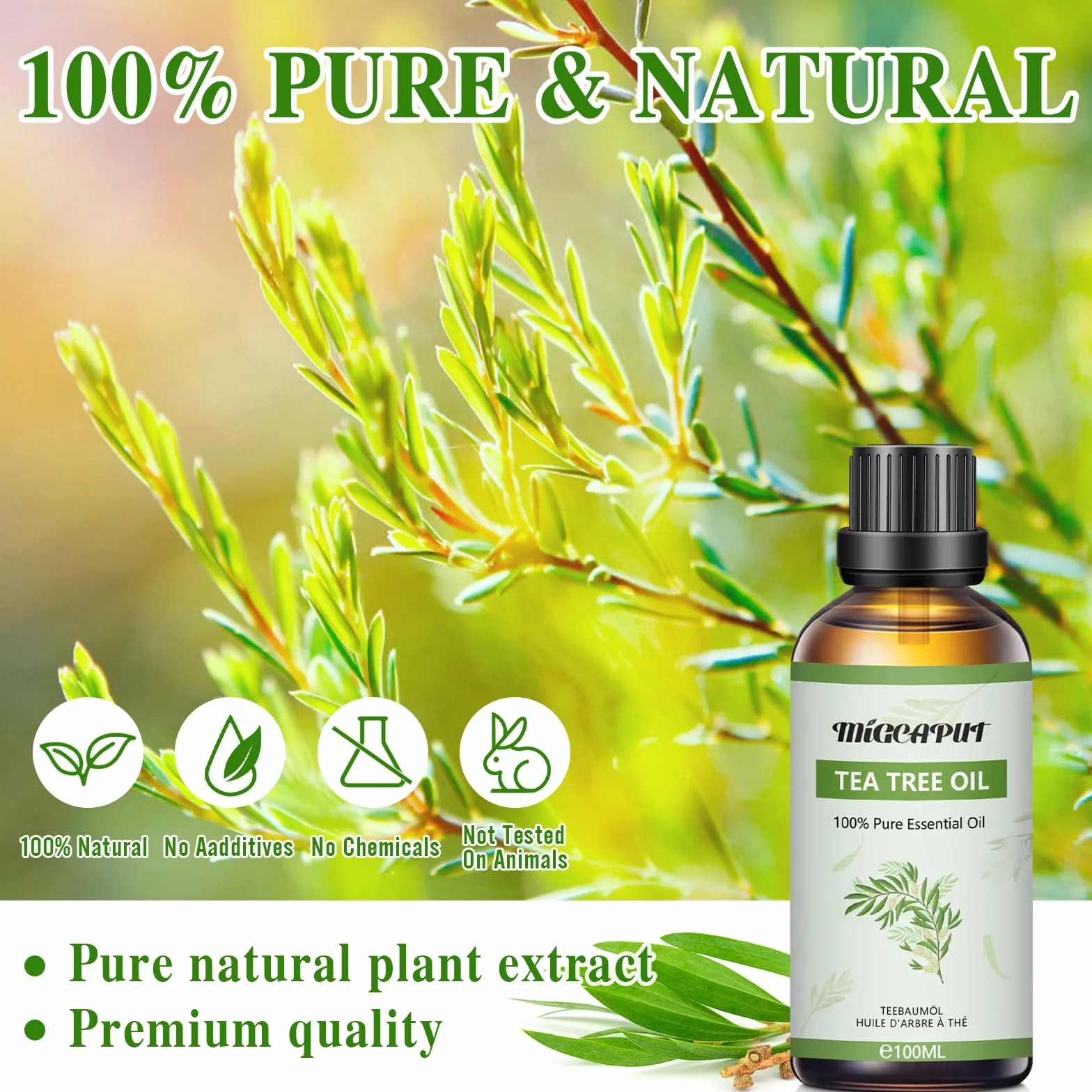 MIGCAPUT Olejek Eteryczny z Drzewa Herbacianego 100ML, 100% Naturalny Olejek z Drzewa Herbacianego, Olejki Eteryczne do Pielęgnacji Twarzy, Skóry i Włosów, Przeciwtrądzikowe, Sterylizacja