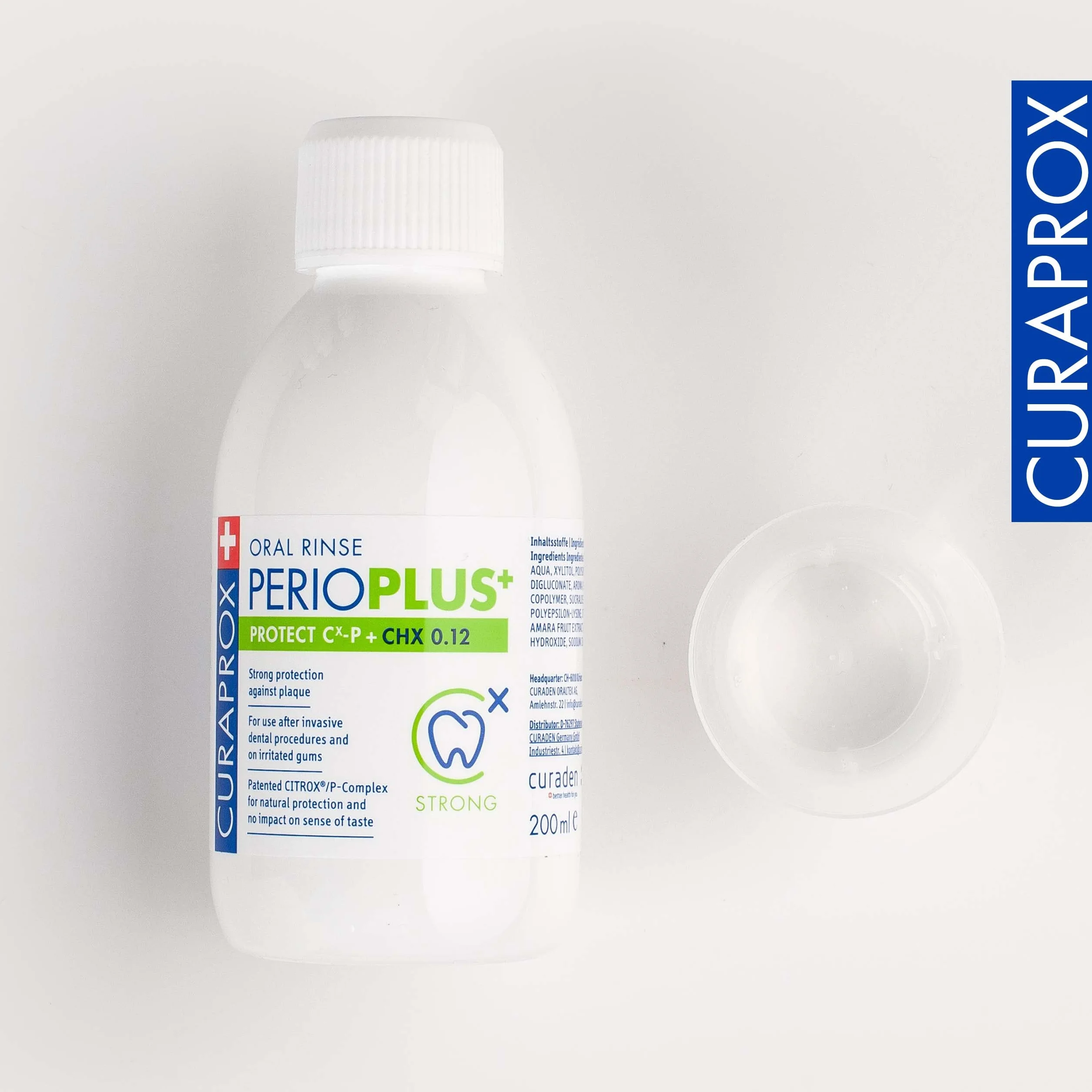 Curaprox Perio Plus Protect płyn do płukania jamy ustnej - Pielęgnacja jamy ustnej w przypadku problemów z dziąsłami/Butelka 200 ml/zaprojektowany w Szwajcarii