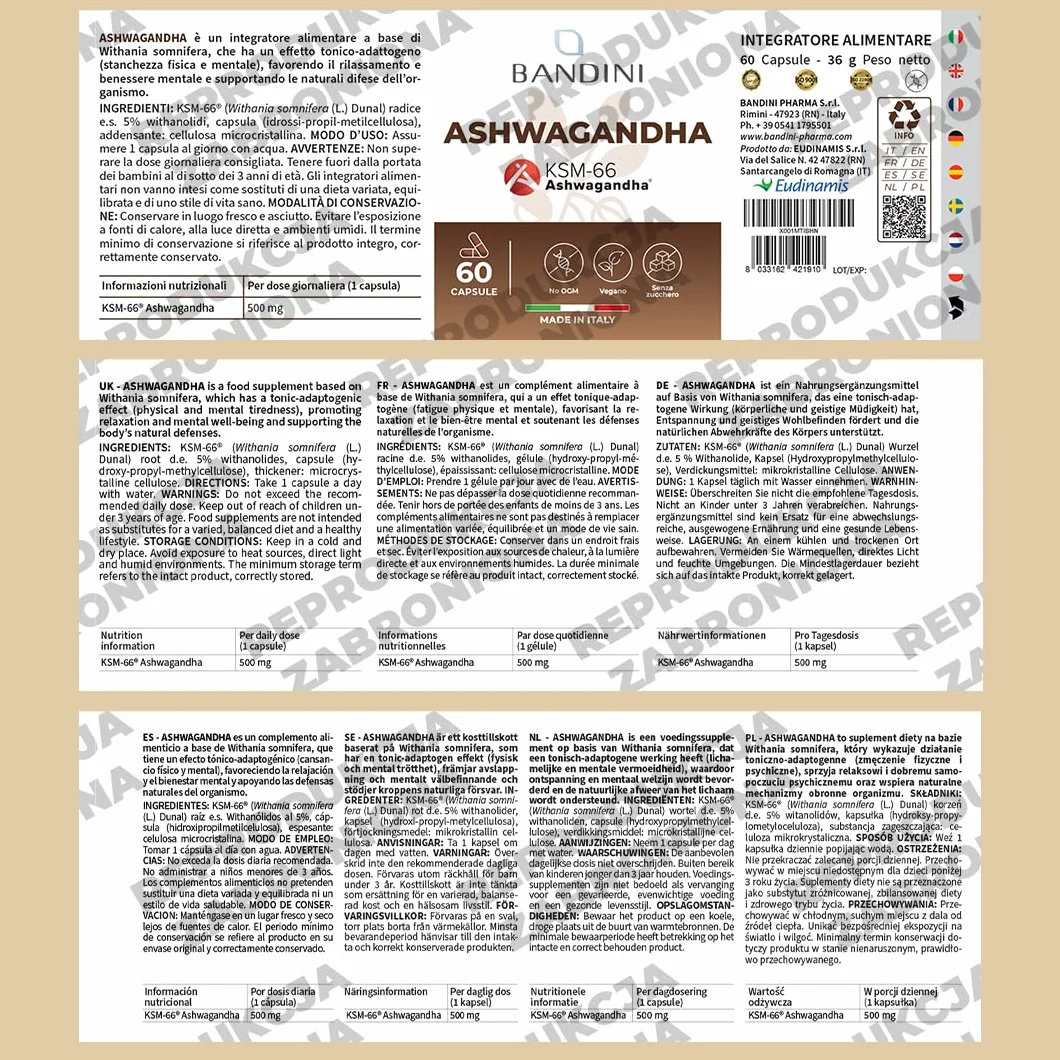 Bandini Ashwagandha KSM-66 100% wegańska 60 kapsułek Withania Somnifera 5% witanolidów
