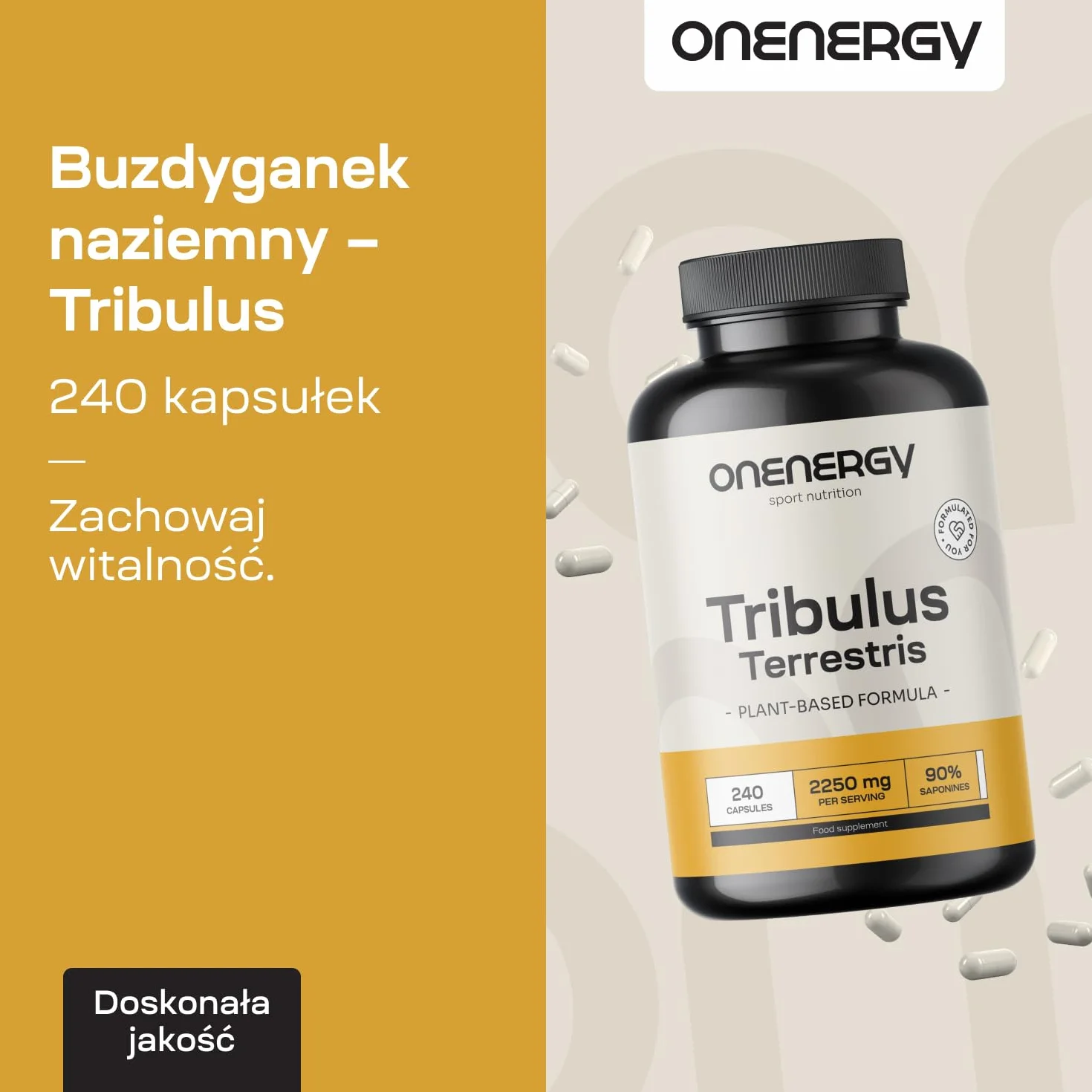 Buzdyganek naziemny - Tribulus 2250 mg - 240 kapsułek - 90% saponin - Opakowanie XXL - Wyciąg ziołowy - Dla mężczyzn i kobiet