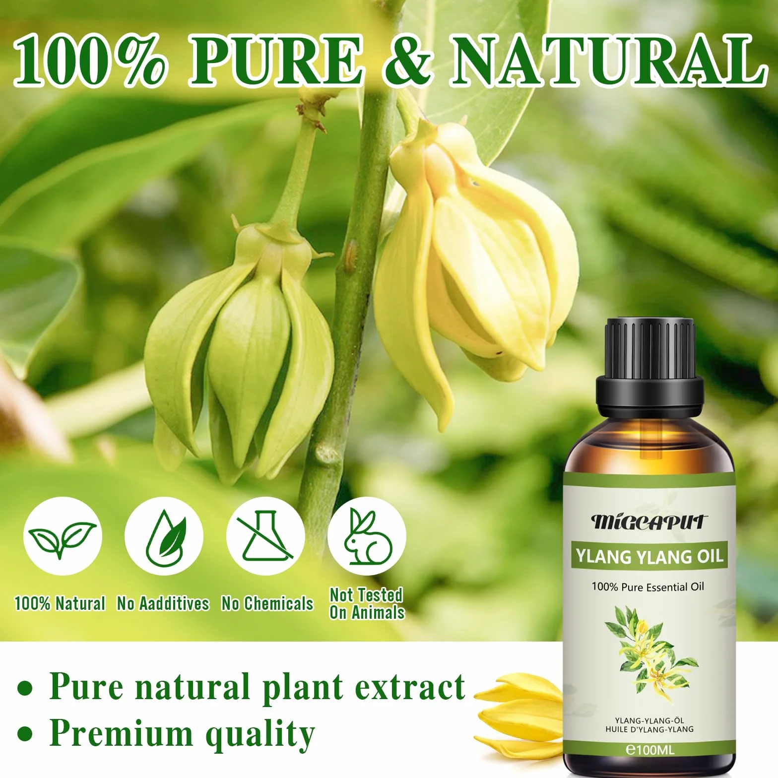 MIGCAPUT Olejek Eteryczny Ylang Ylang 100ML, 100% Naturalny Olejek Aromaterapeutyczny Klasy Terapeutycznej do Pielęgnacji Twarzy, Lepszy Sen, Nawilżacz Powietrza