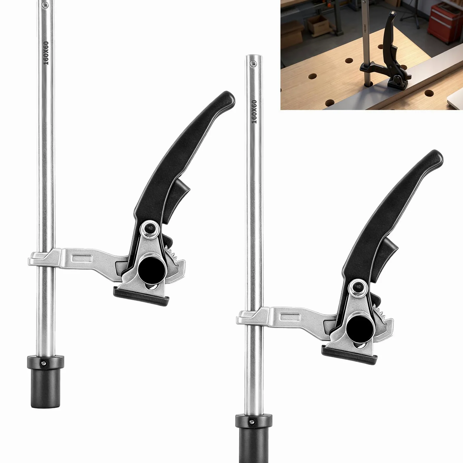 2 sztuki zacisków dźwigniowych, zacisków stołowych 20 mm, zakres mocowania 160 mm, zacisk szybkomocujący, ścisk jednoręczny z uchwytem dźwigniowym, hak na stół warsztatowy do szlifowania, cięcia