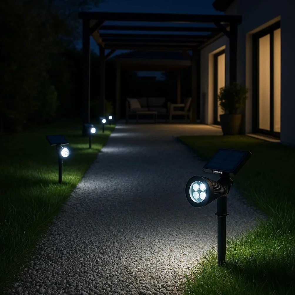 Lumisky Zestaw 4 reflektorów solarnych 2 w 1, do zszywania lub mocowania, mocne ściemnialne oświetlenie LED, białe SPIKY H42 cm