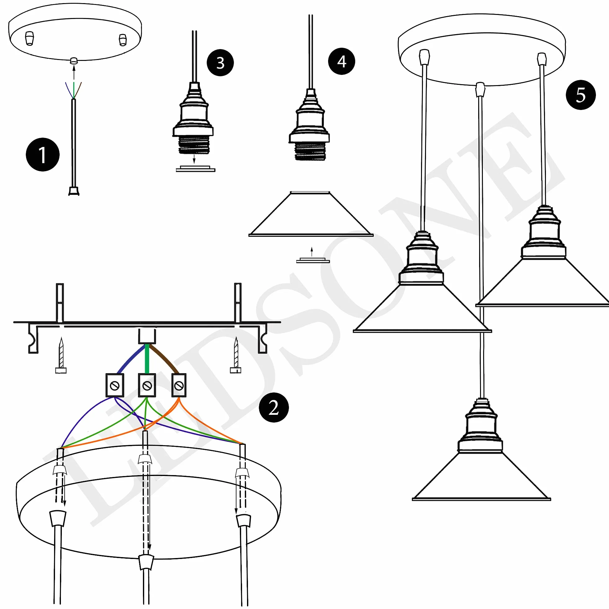 Długi żyrandol 3 światła żebrowany szklany sufit wisząca lampa wisząca | Nowoczesne wiszące lampy sufitowe z mosiądzu | odcienie 21 cm i regulowane kable 95 cm | do willi salonu przedsionka schodów