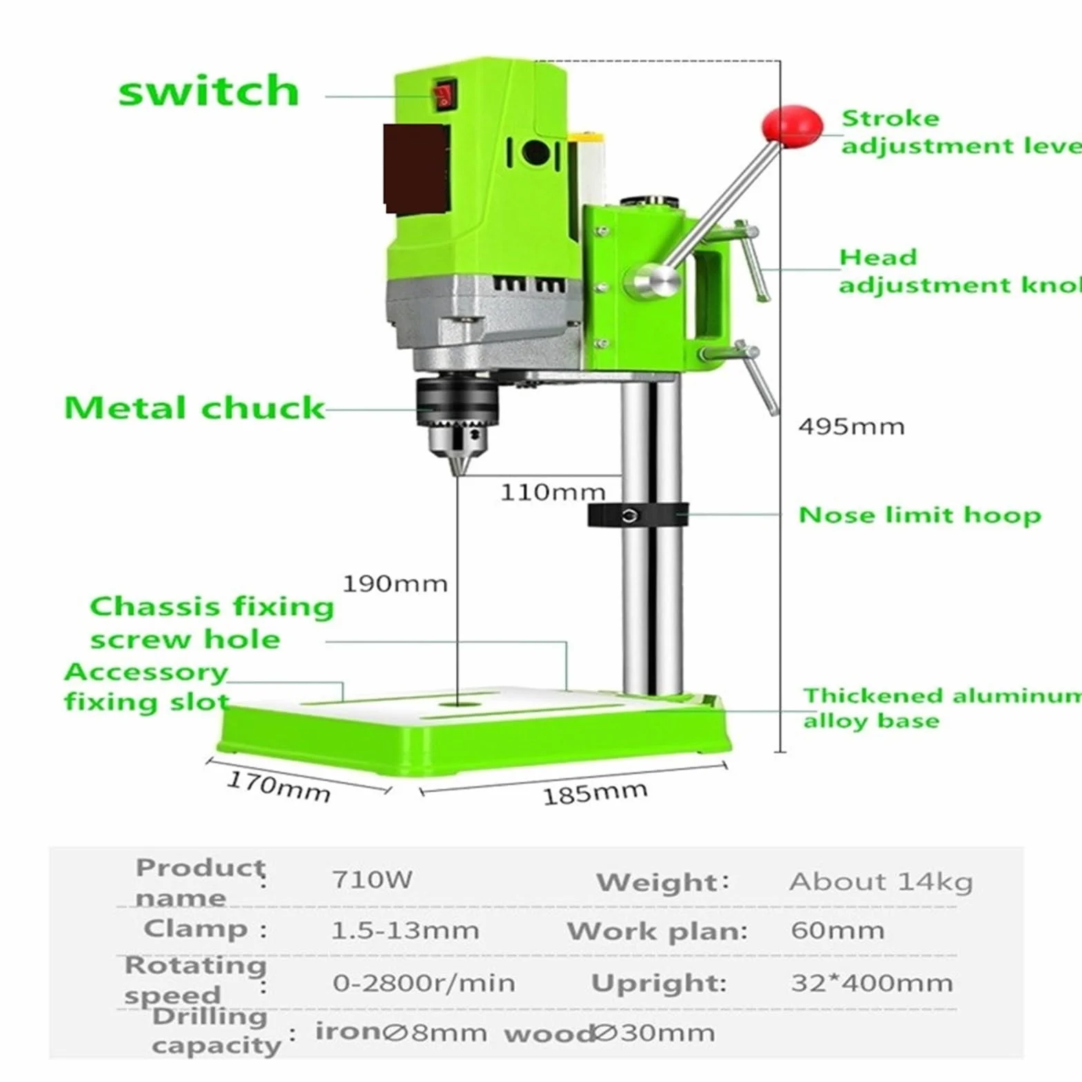 Wiertarka stołowa elektryczna 710 W, miniaturowa, do obróbki metalu, uchwyt wiertarski 1,5-13 mm, wiertarka stołowa stołowa Metalowe Drewniane DIY
