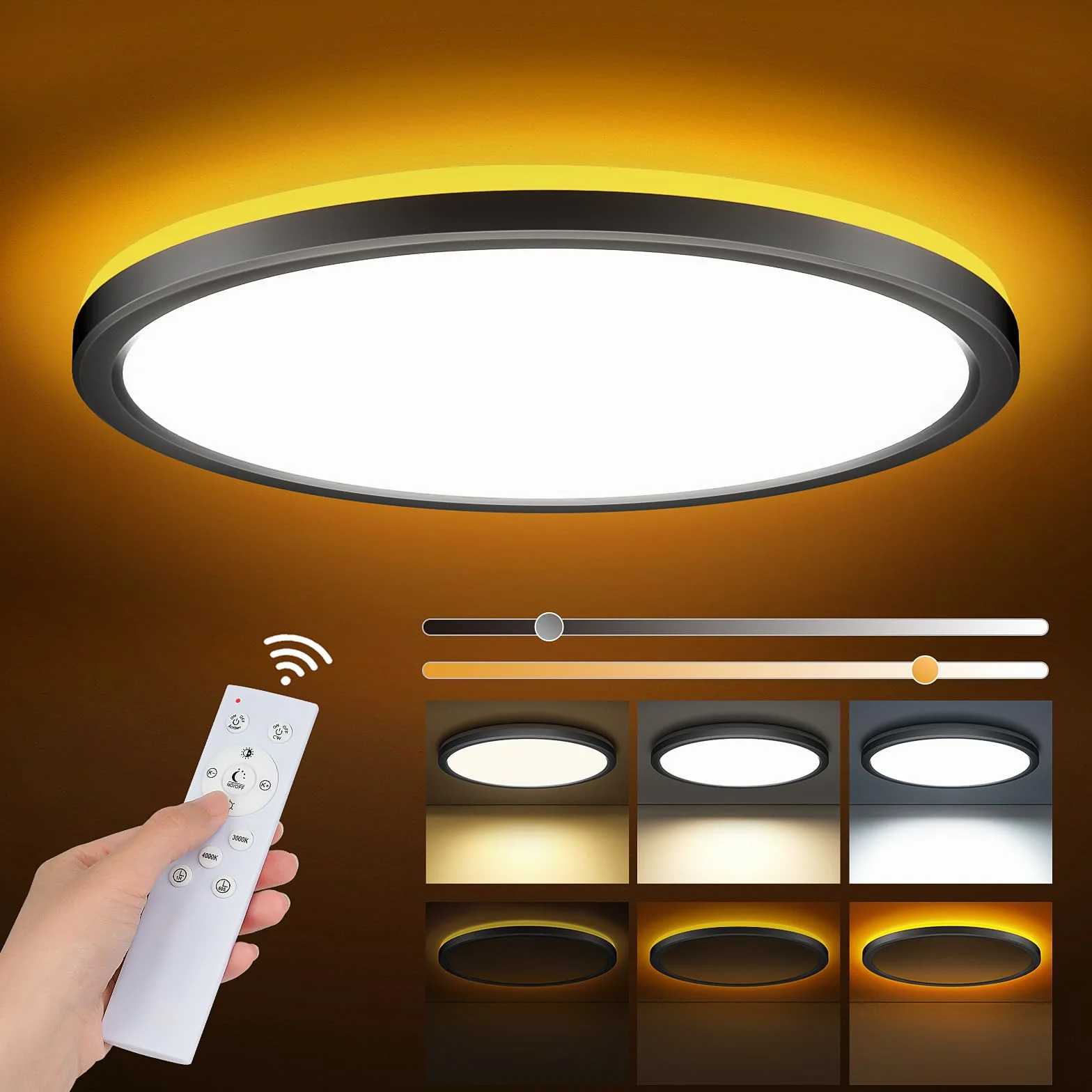Lampa sufitowa LED 24 W, z pilotem zdalnego sterowania i ściemnialną, 1800 K, panel 3000K-6500K, bardzo cienka okrągła, odpowiednia do sypialni, pokoju