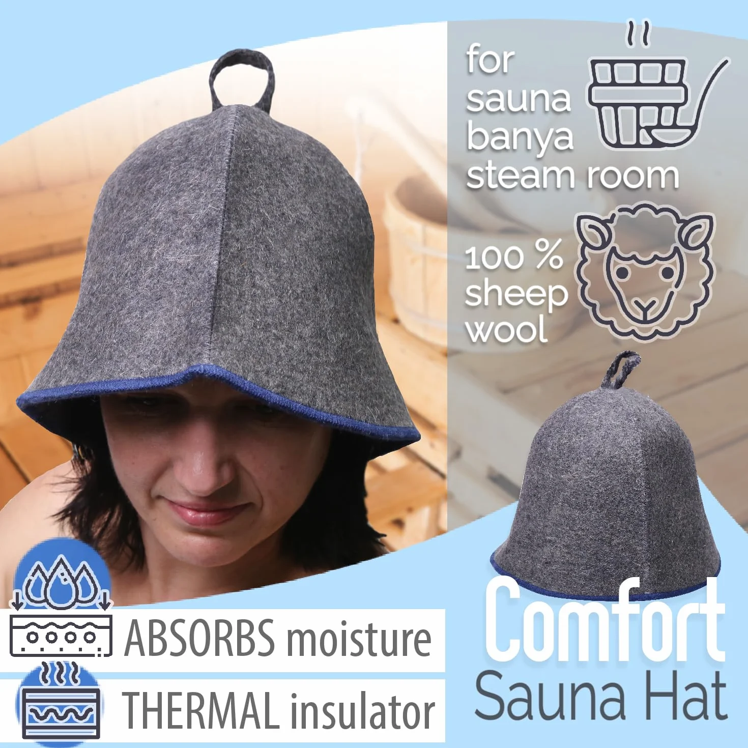 PetriStor Sauna Hat Comfort - Sauna Hat for Women - Wool - for Men - Bathhouse - Felt Cap